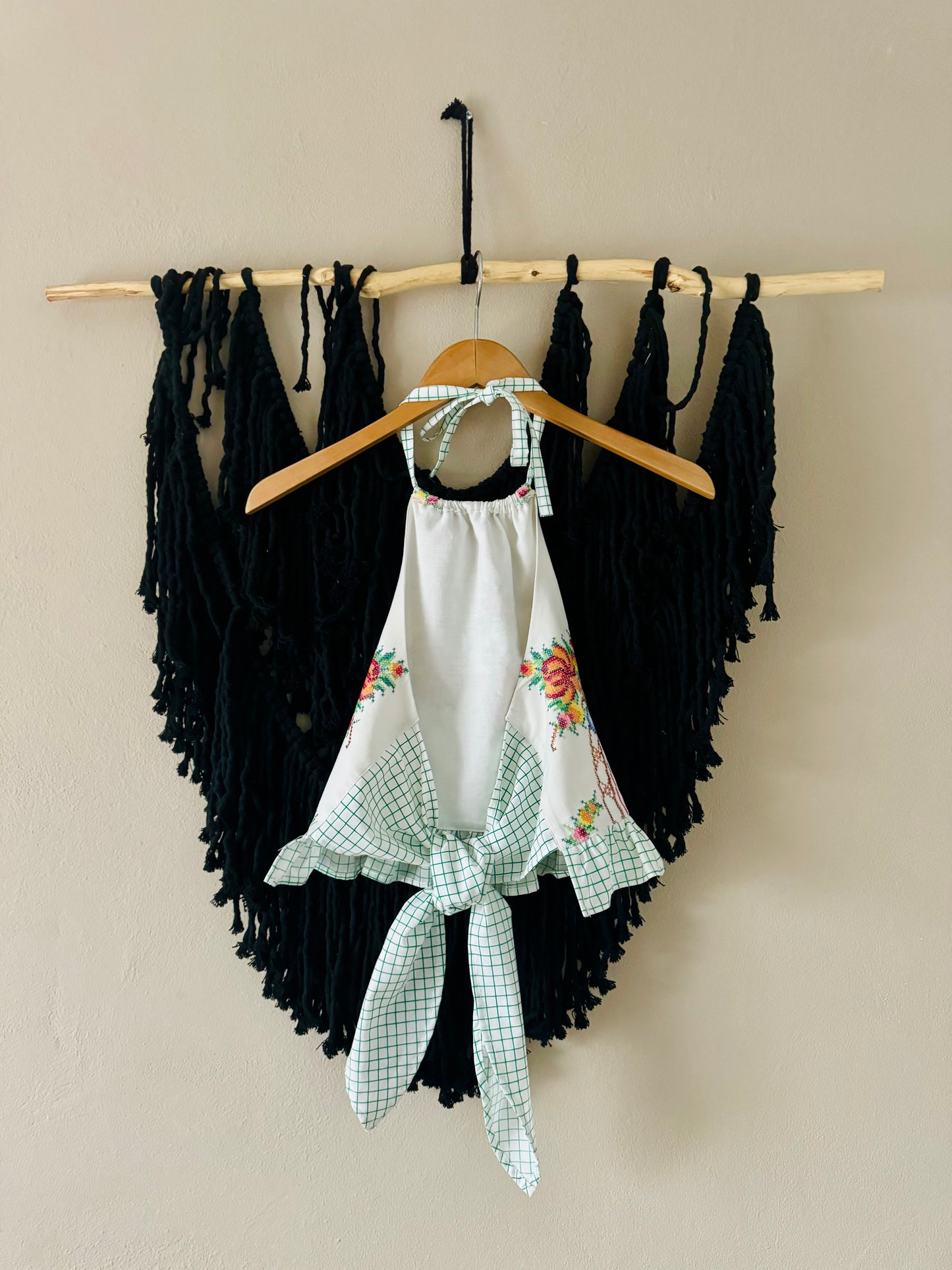 Cross stitch halter neck with green check back ties and frill