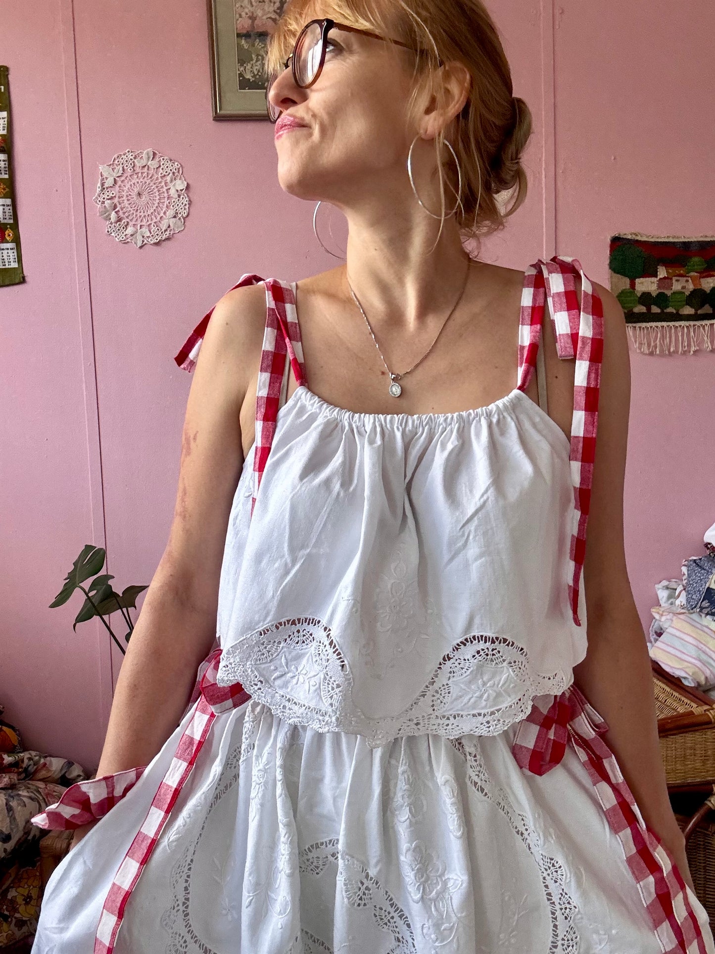 White set with red gingham