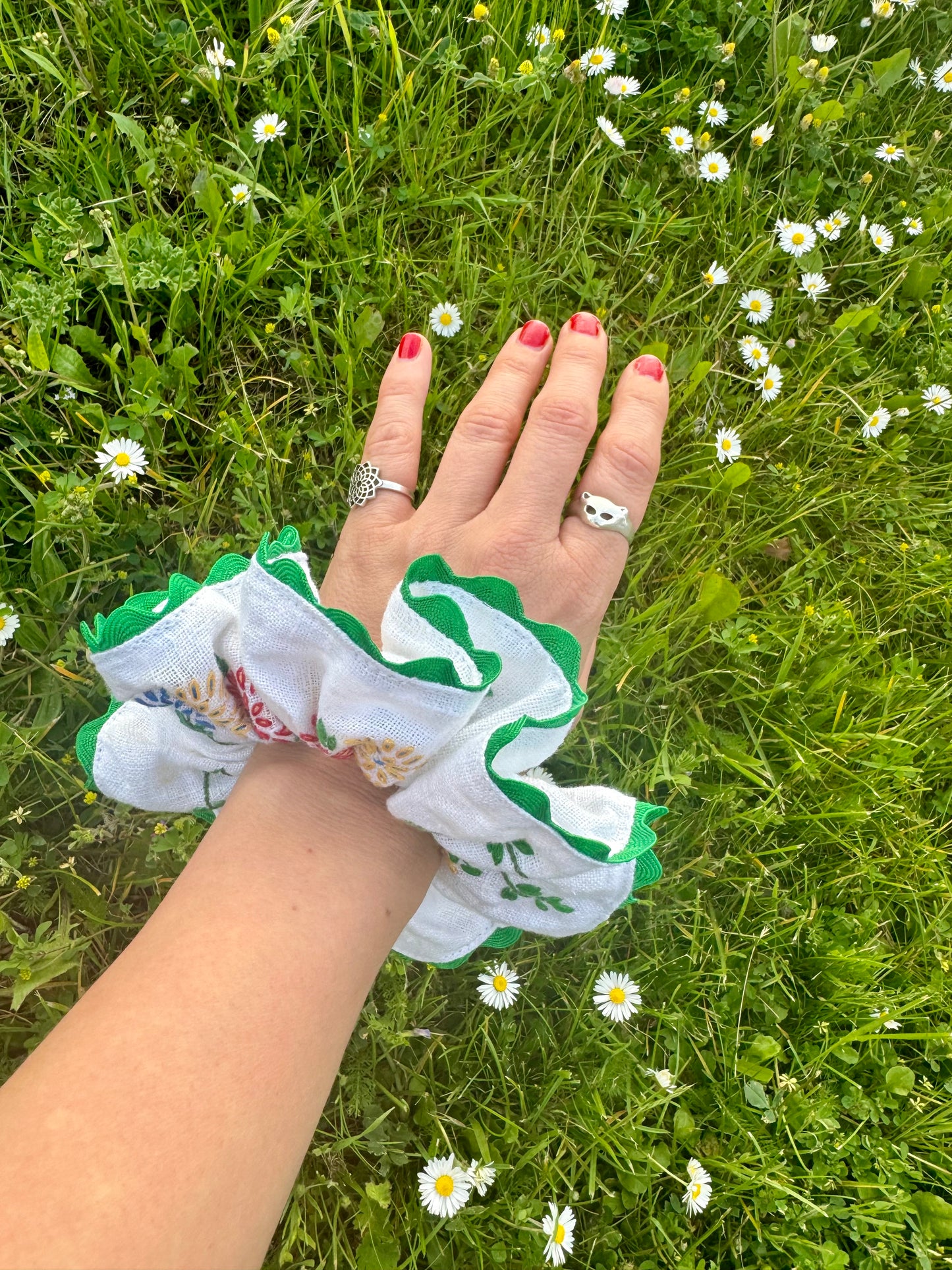 Floral embroidery scrunchie with green ric rac