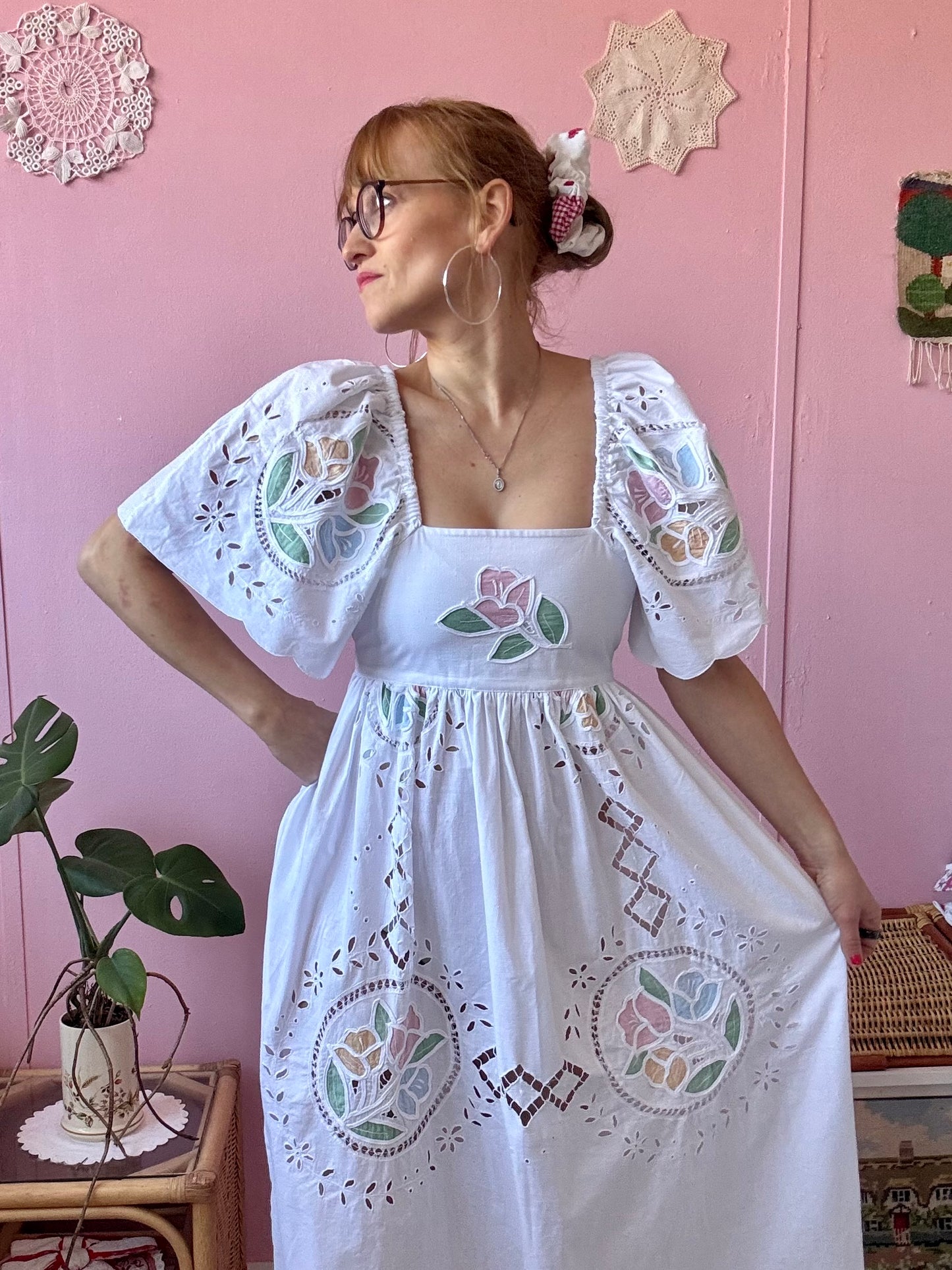 White maxi with pastel embroidery and cut out embroidery