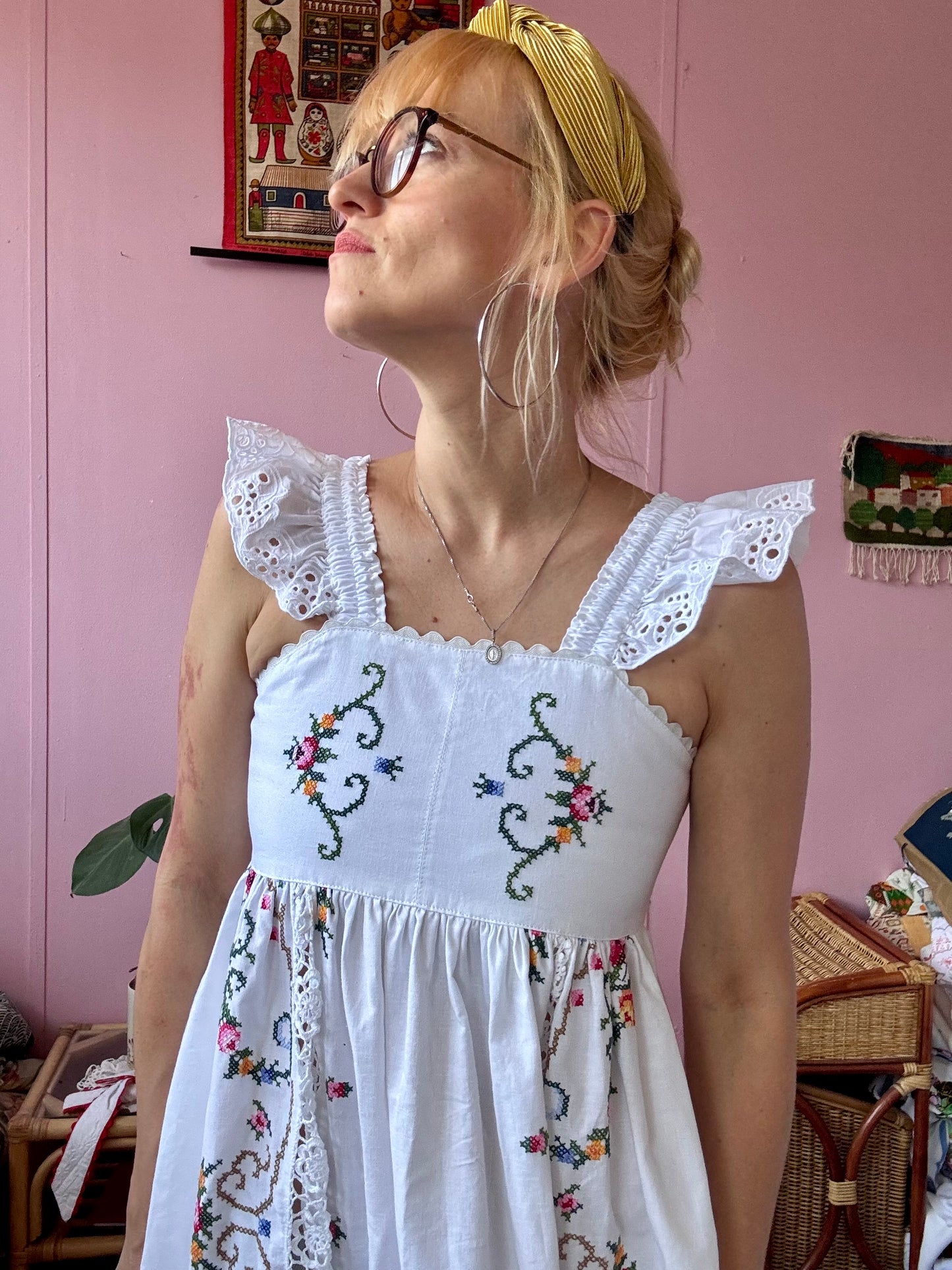 Maxi dress with hand embroidery and elasticated lace straps