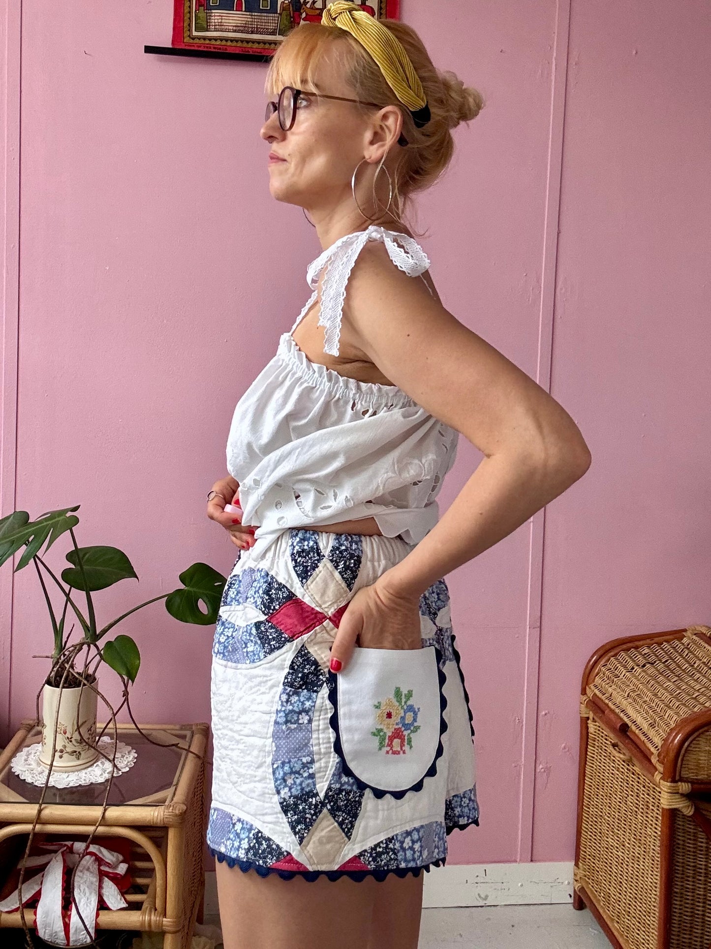 Patchwork shorts with back pockets