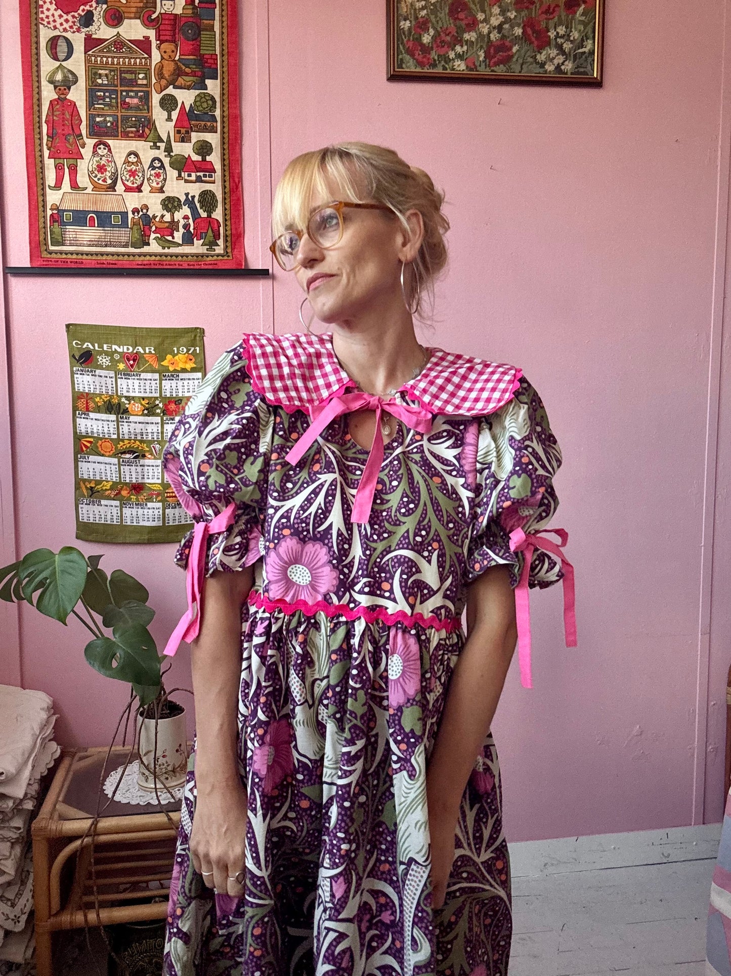 William Morris and cerise gingham dress