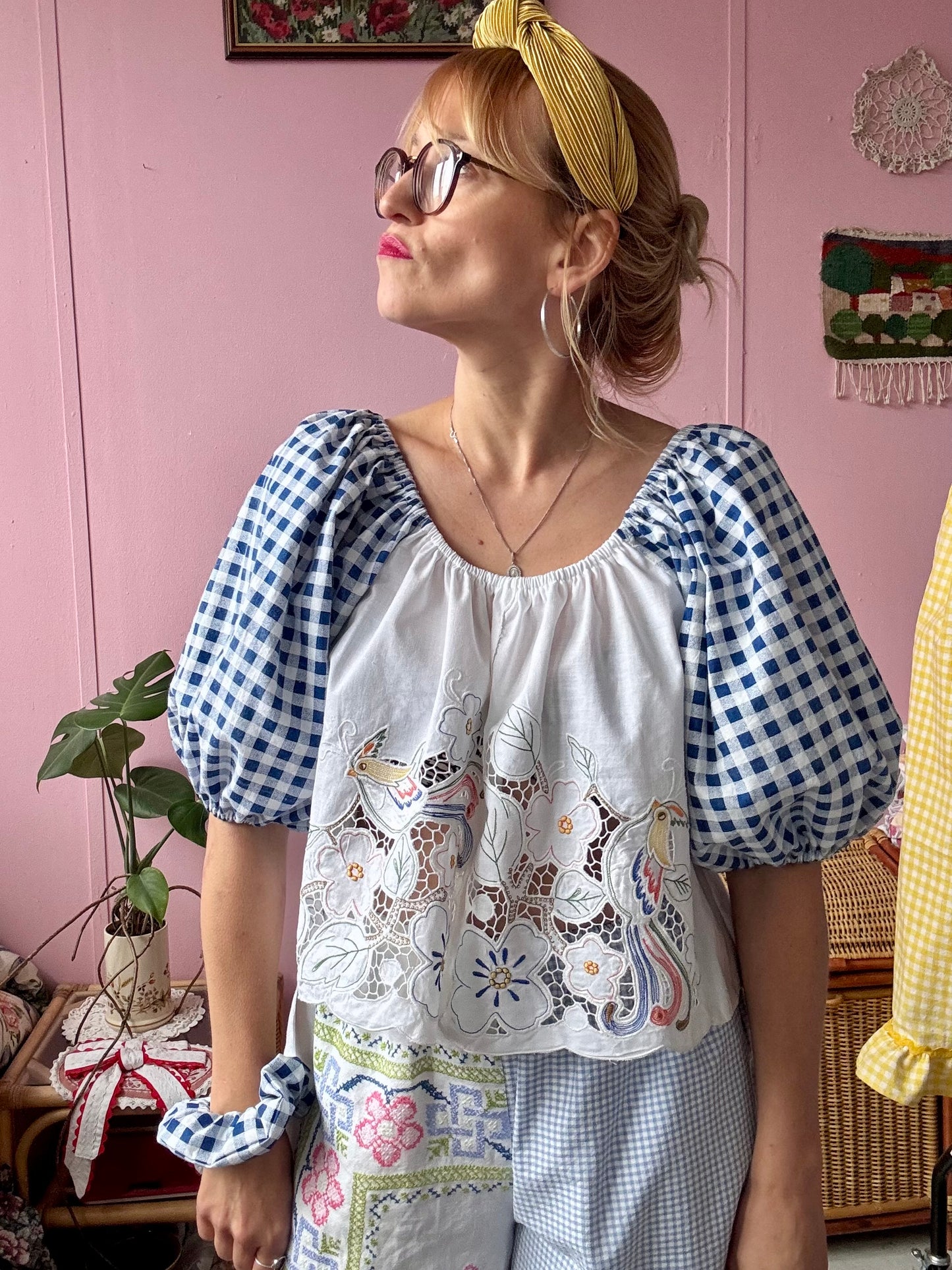 Blue gingham and birds/flowers top