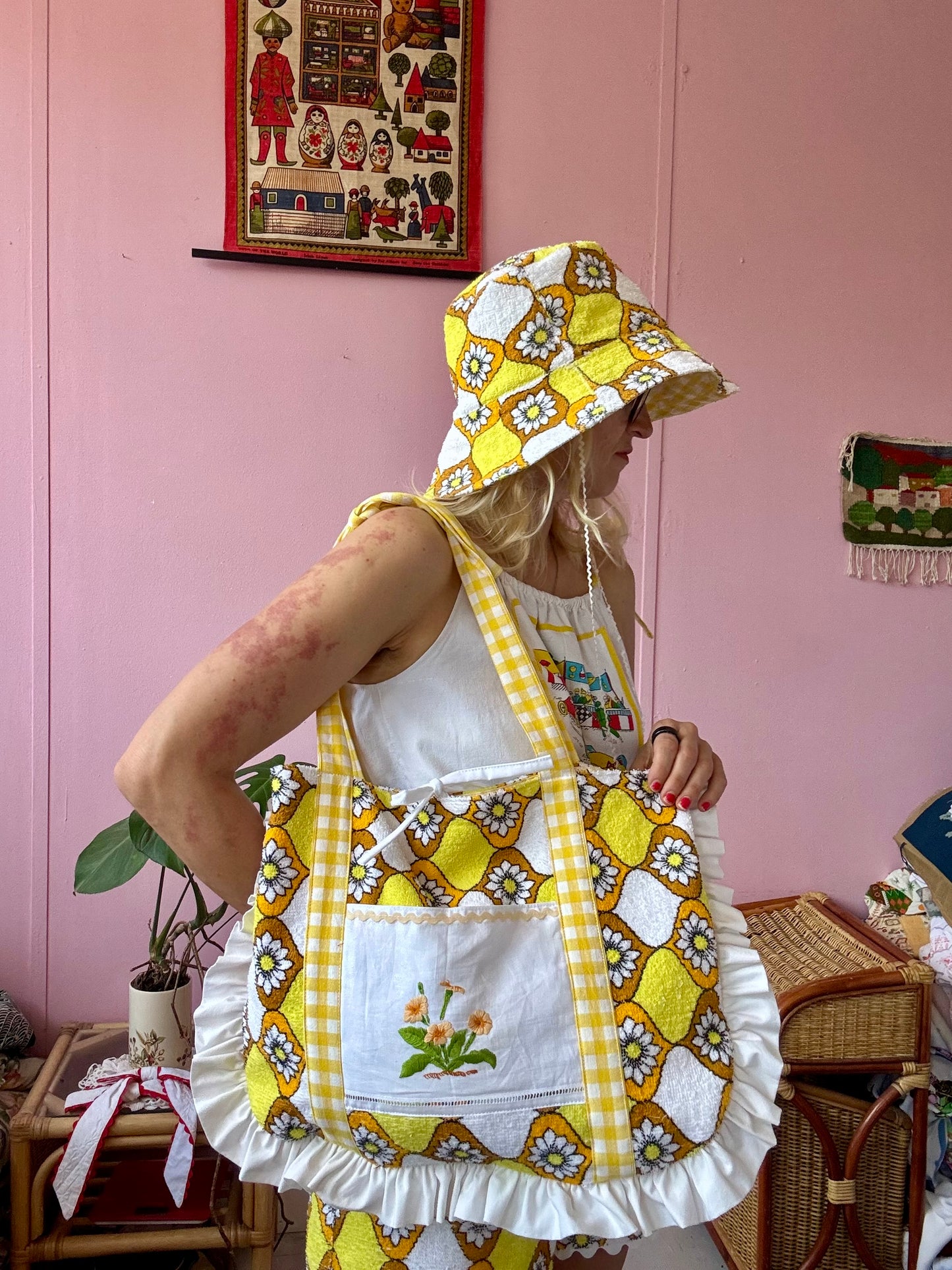 Yellow towel shorts set with bag and bucket hat