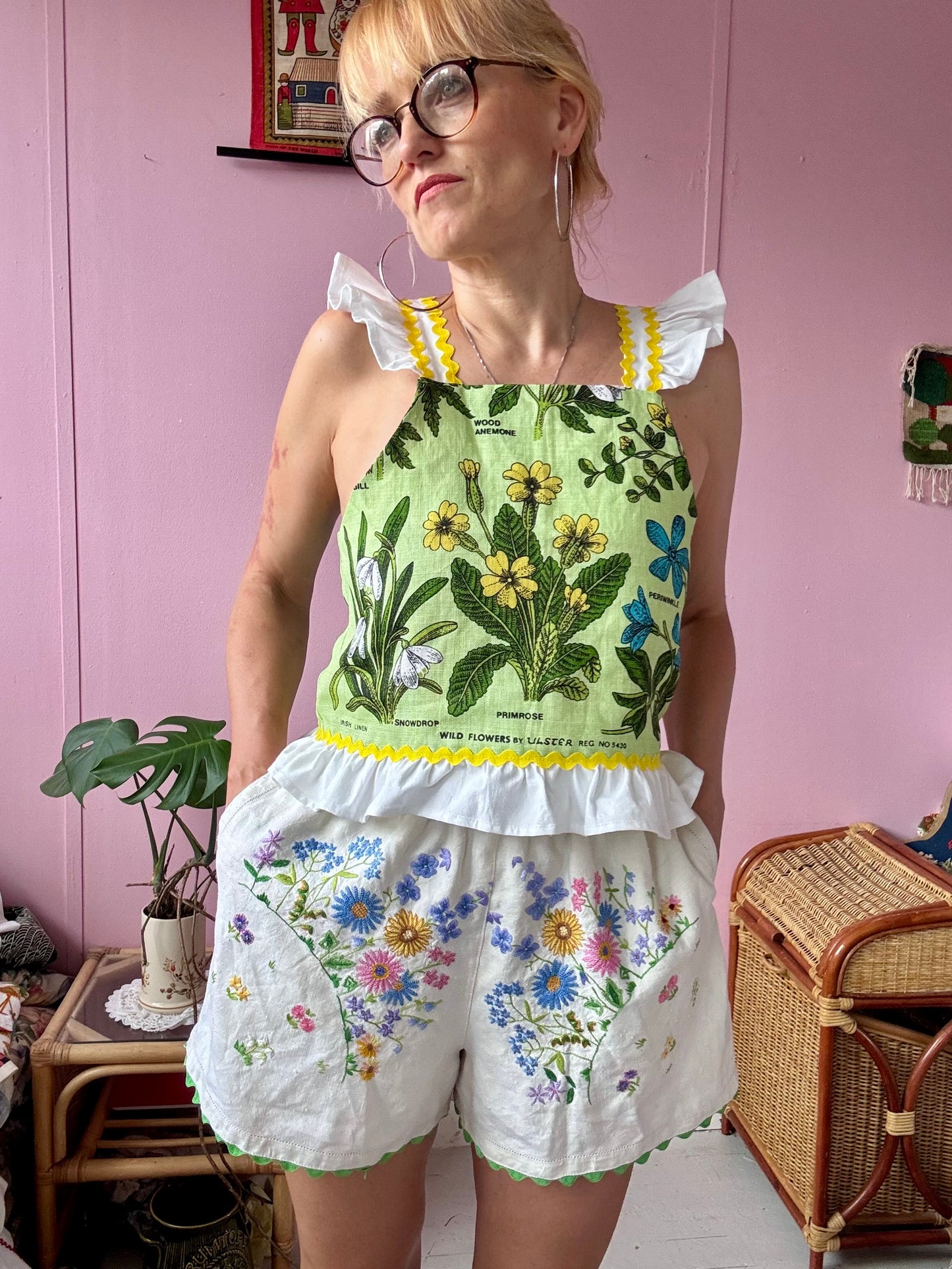 Floral shorts with green ric rac