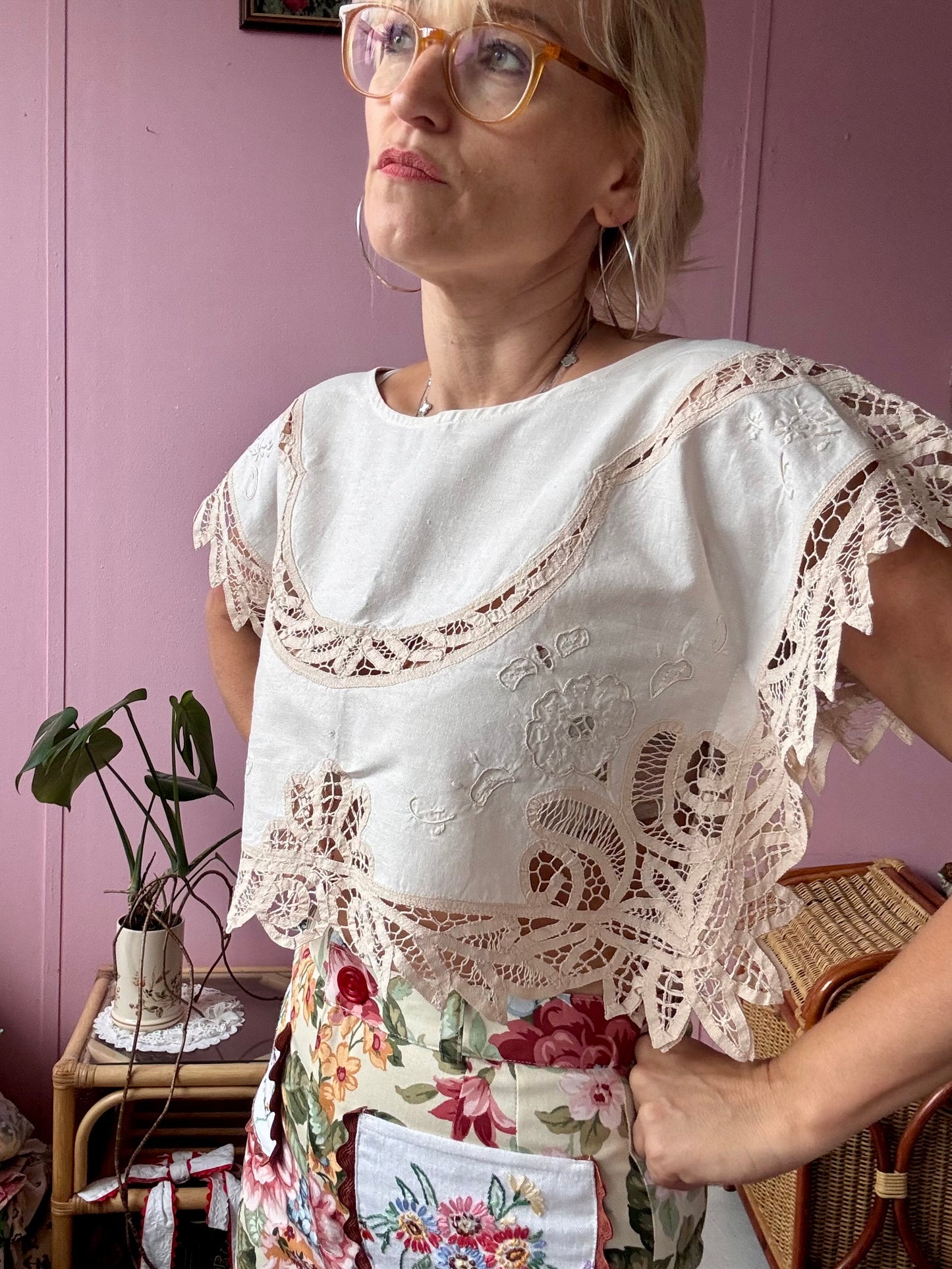 Beige basic top with lace