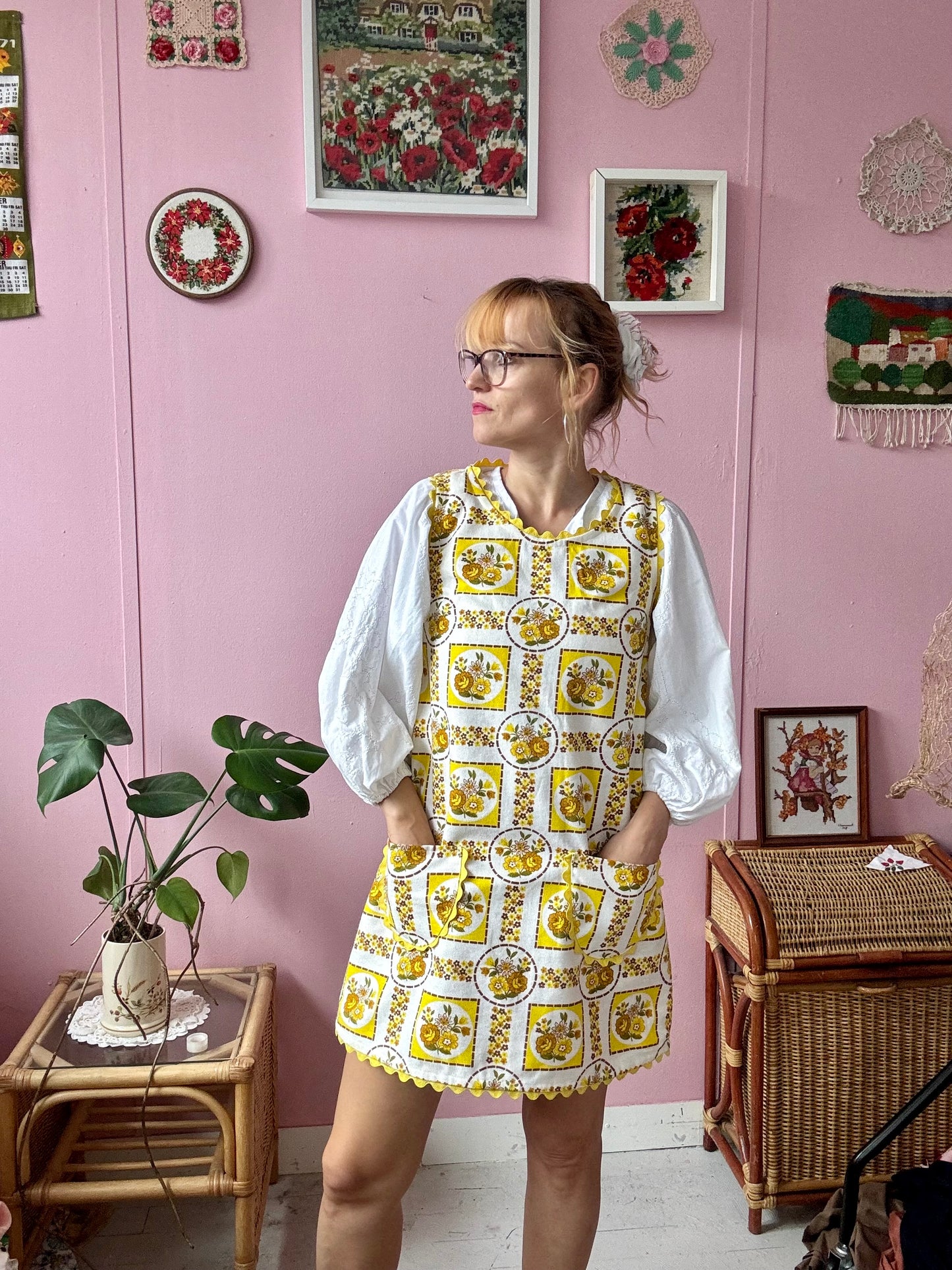 Yellow and brown mini dress with ric rac