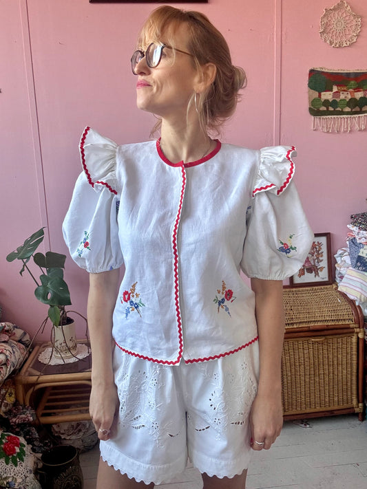 Linen blouse with red ric rac