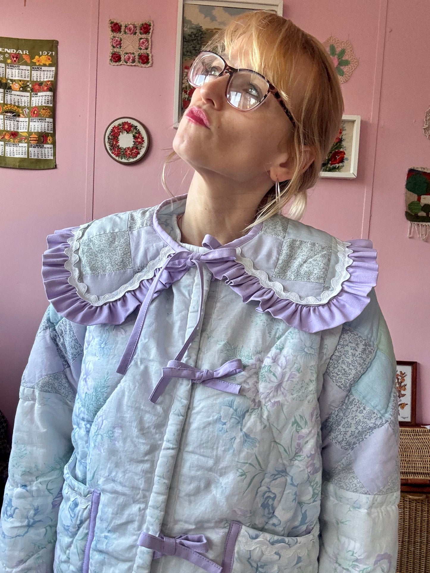 Light pastel patchwork jacket with lilac trims