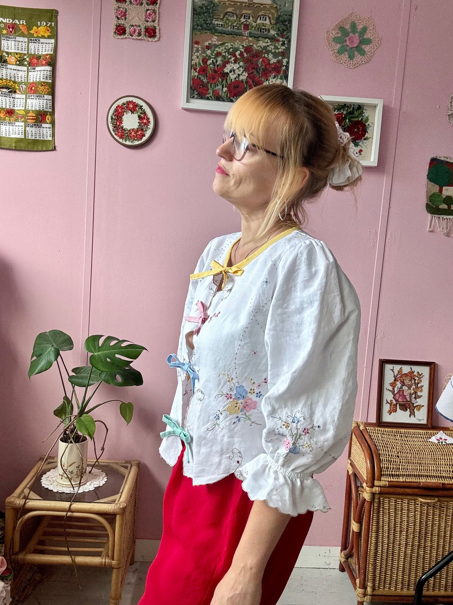 Light linen blouse with Madeira embroidery and rainbow bows