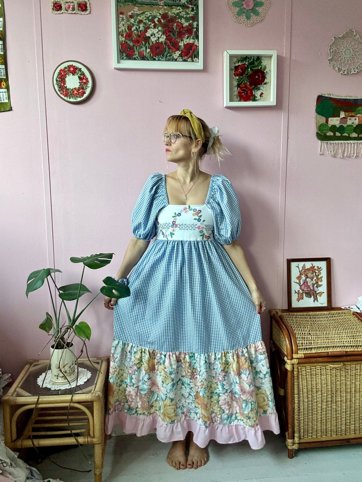 Blue gingham and floral embroidery dress