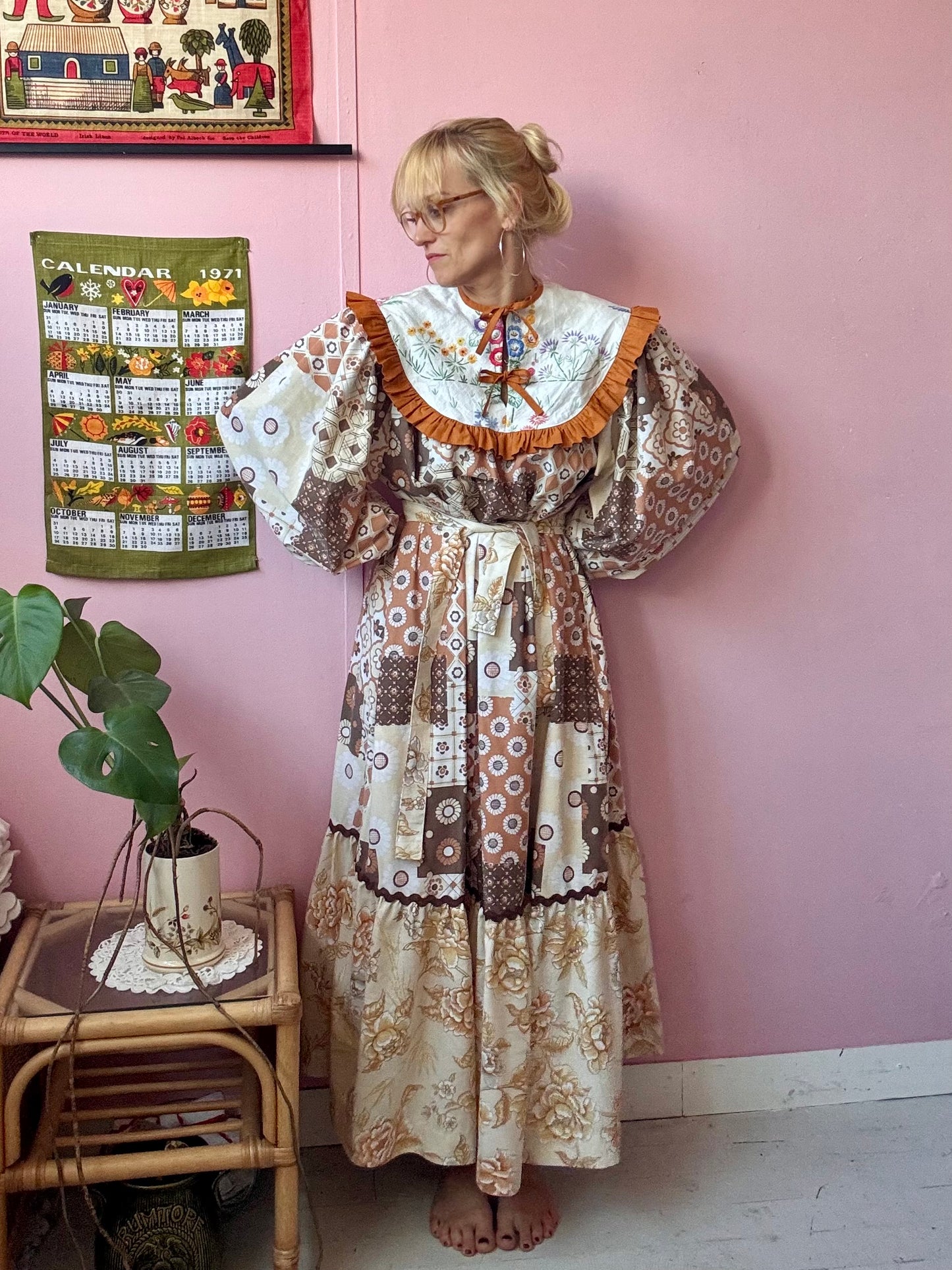 Brown maxi dress with embroidery yoke
