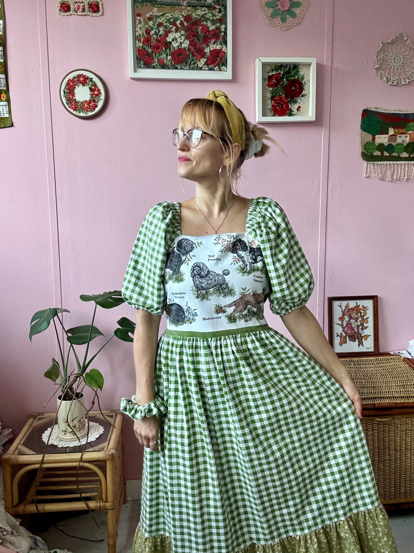 Teatowel with dogs and green gingham maxi dress
