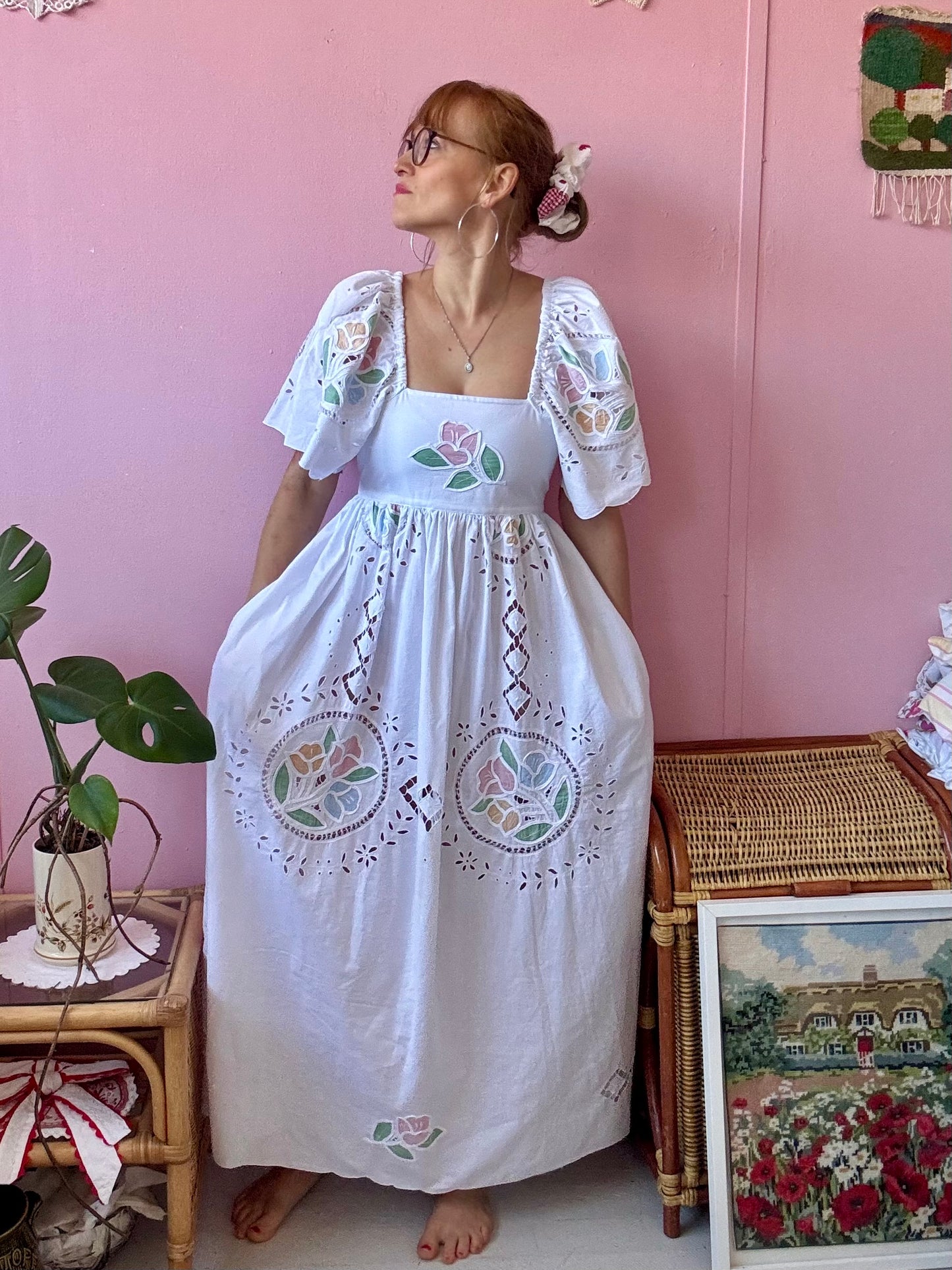 White maxi with pastel embroidery and cut out embroidery