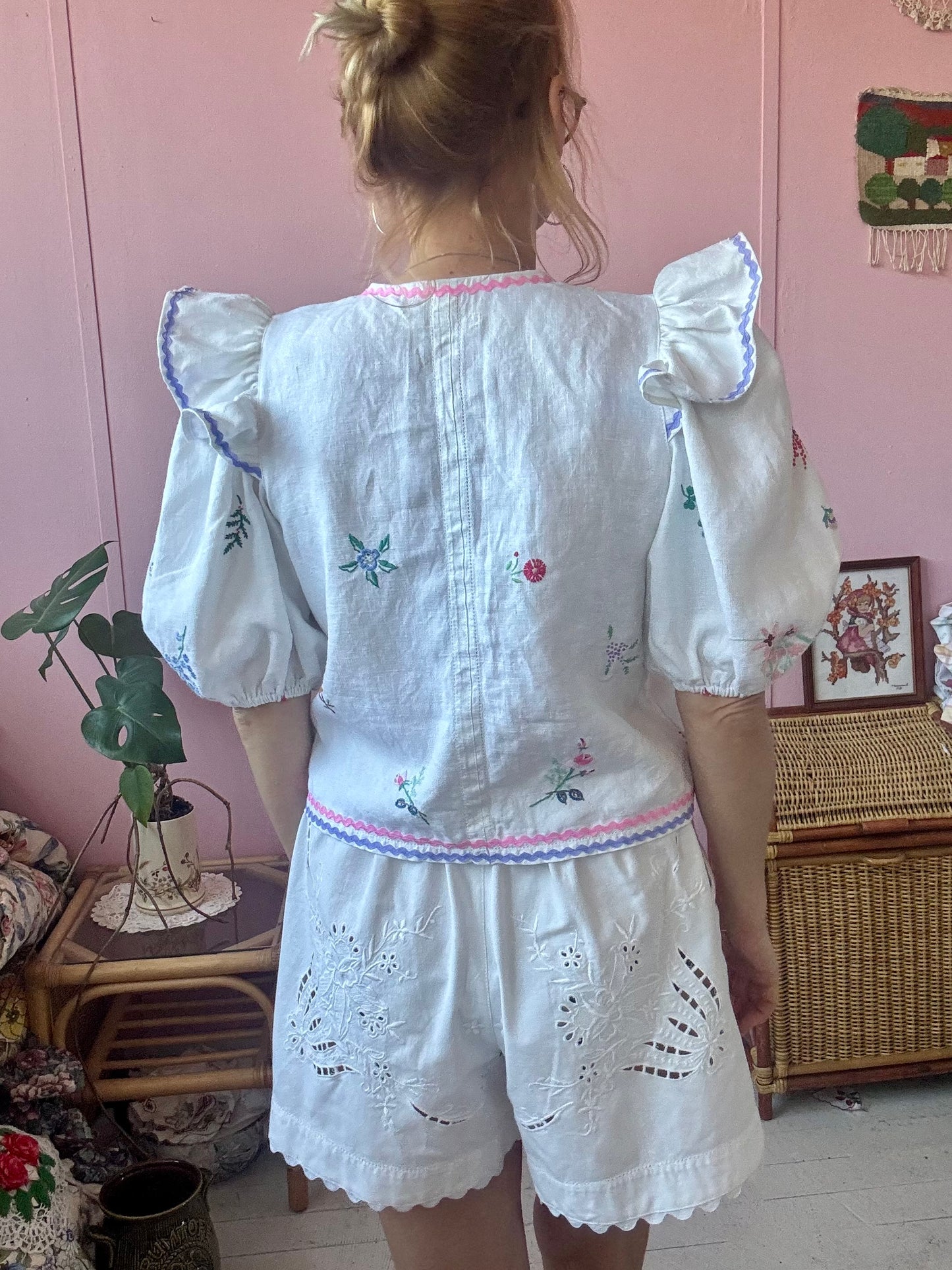 Linen blouse with pink and lilac ric rac