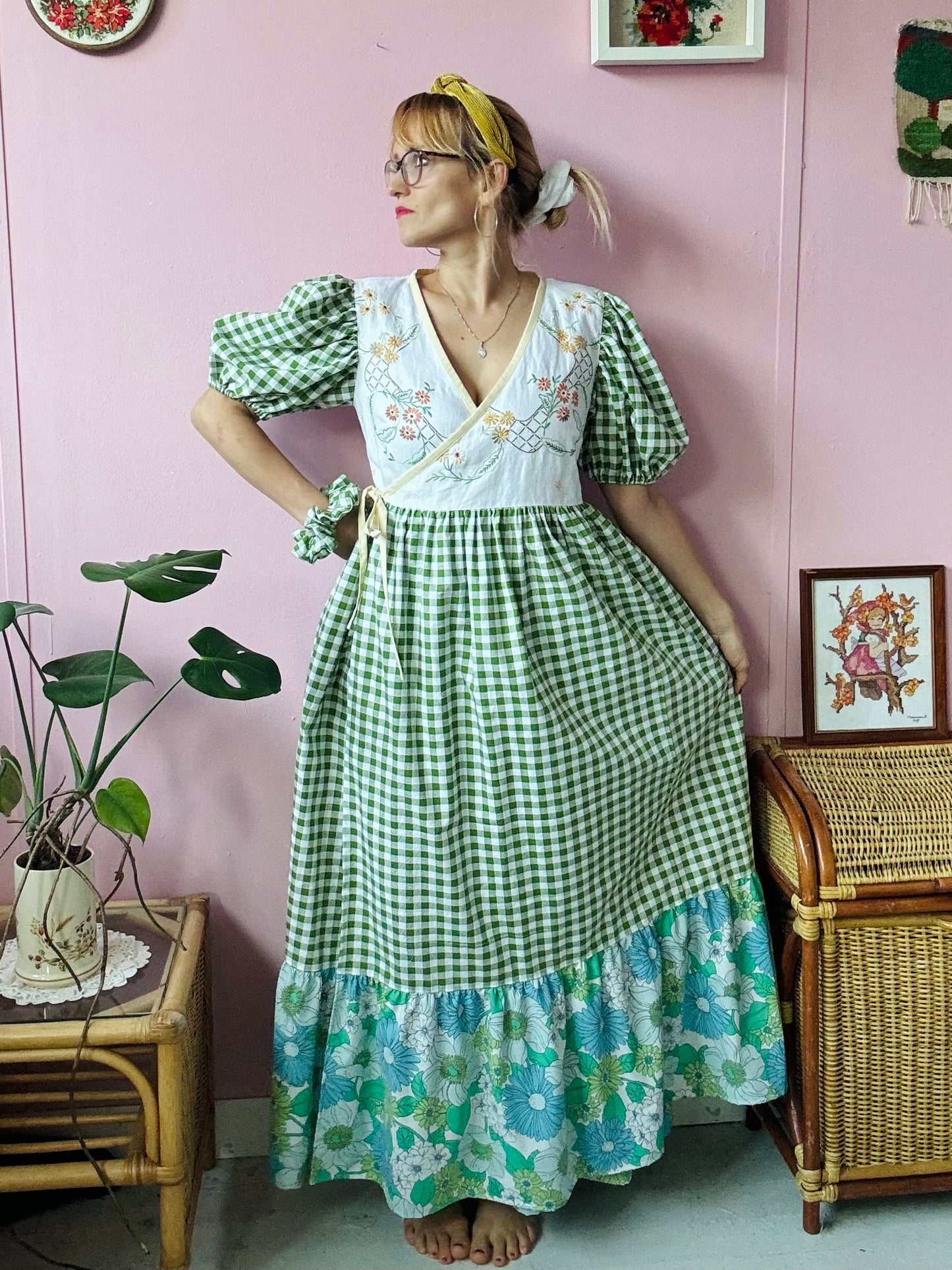 Wrap around dress with green gingham and embroidery