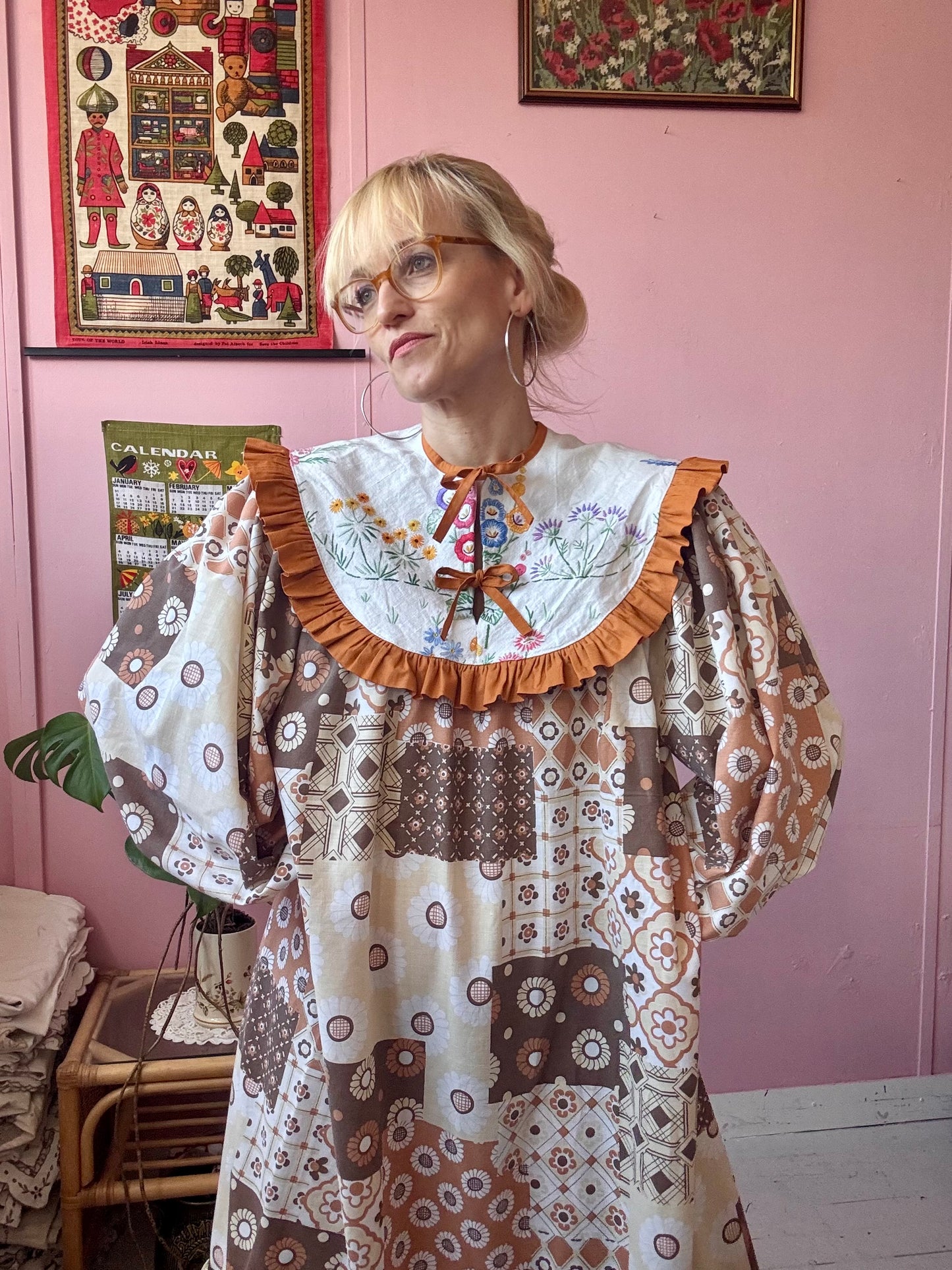 Brown maxi dress with embroidery yoke