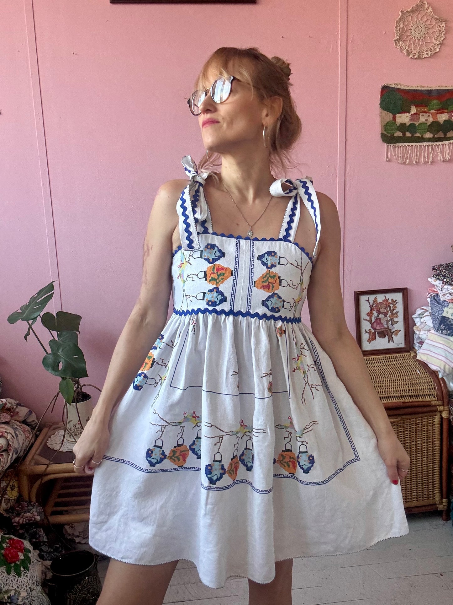 Linen mini dress with cross stitching