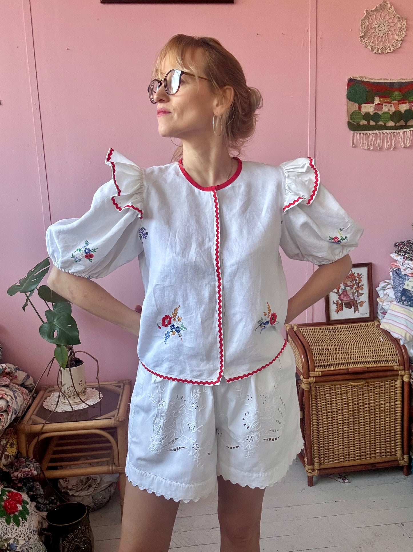 Linen blouse with red ric rac