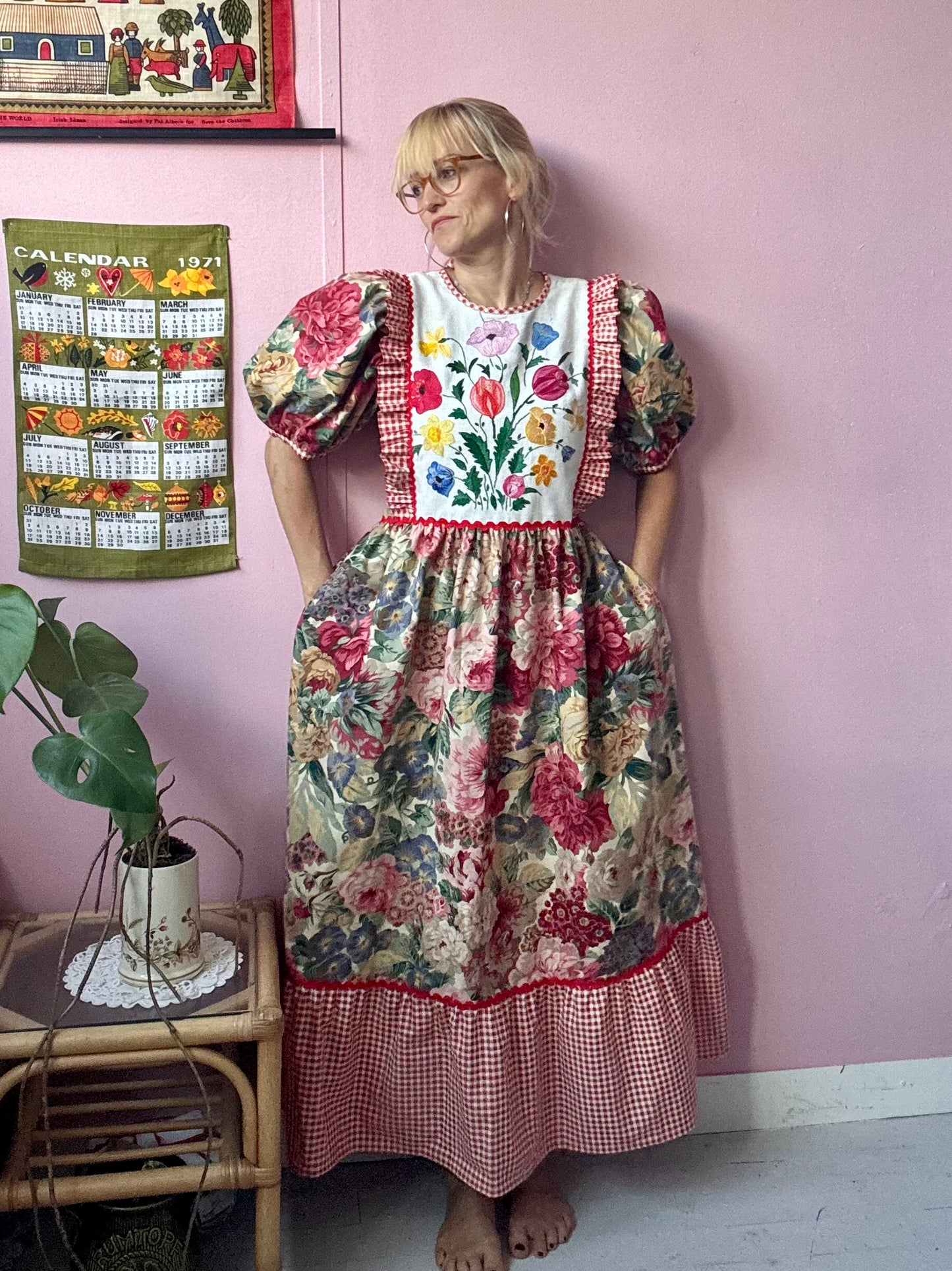 Sanderson print and gingham maxi dress