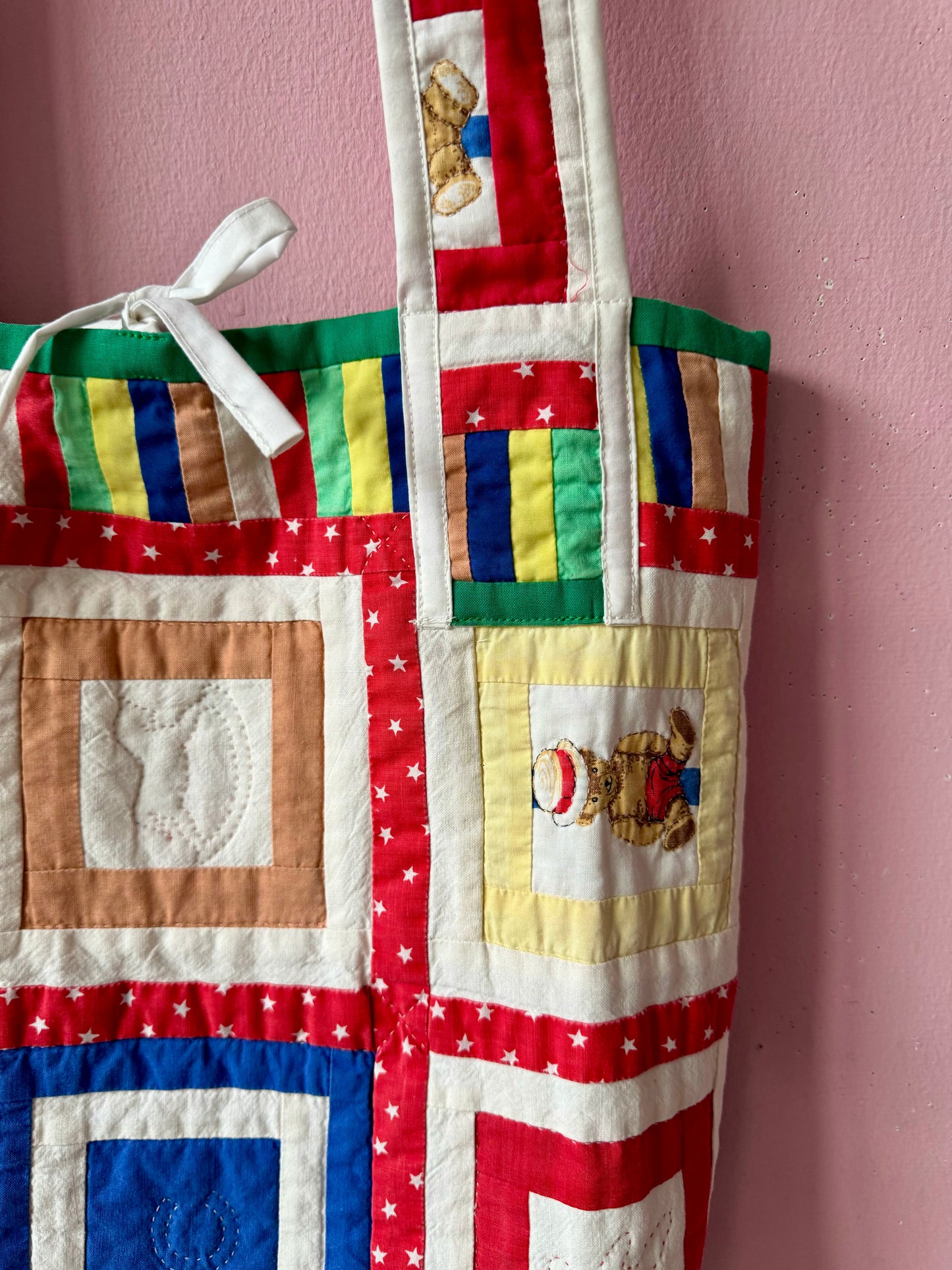 Patchwork with bear ls tote bag