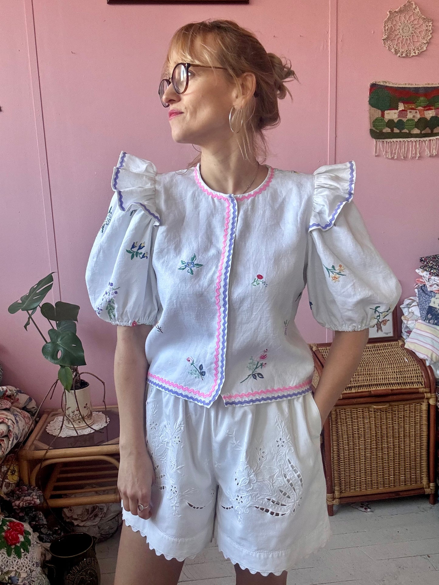 Linen blouse with pink and lilac ric rac