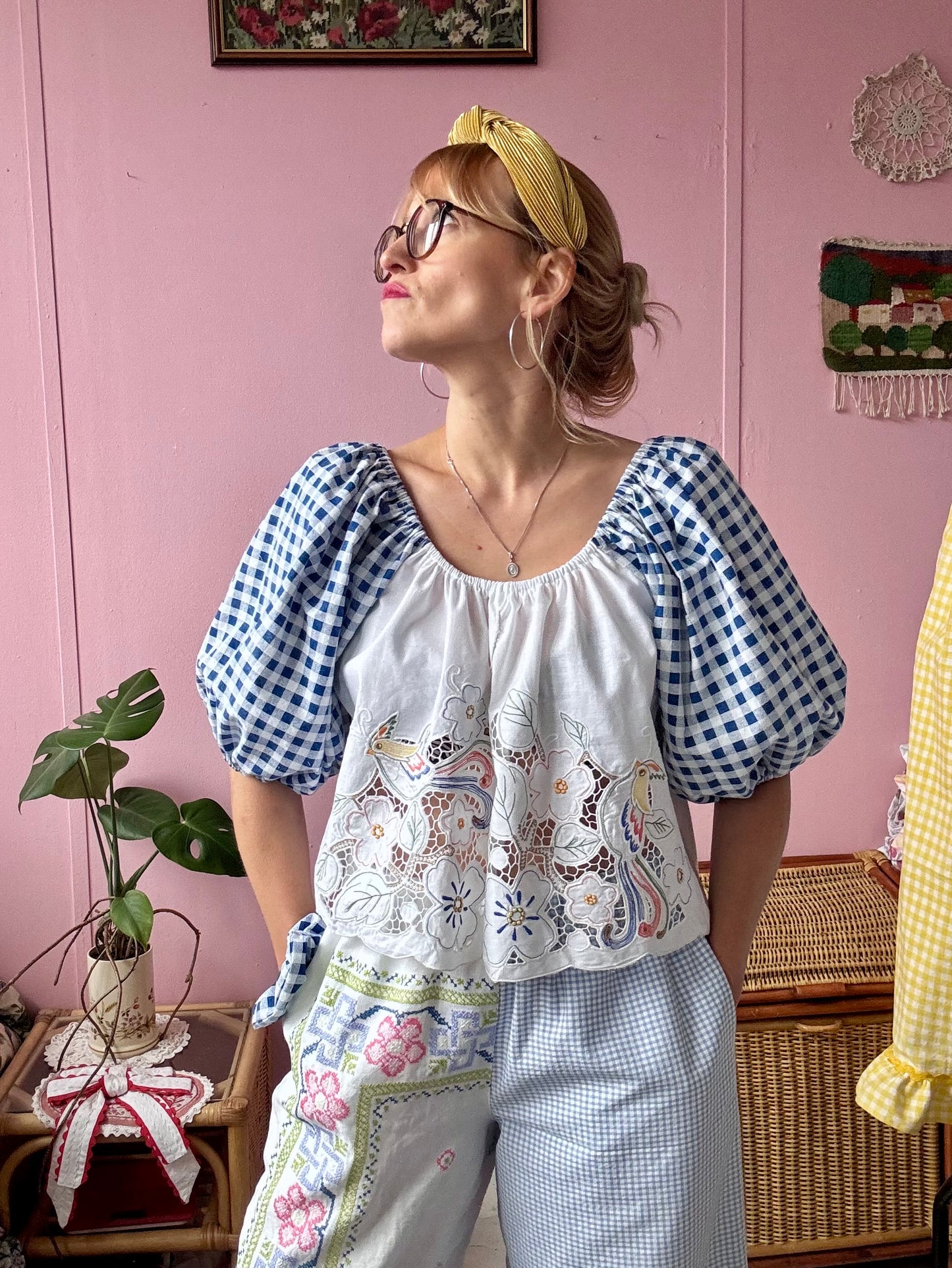 Blue gingham and birds/flowers top