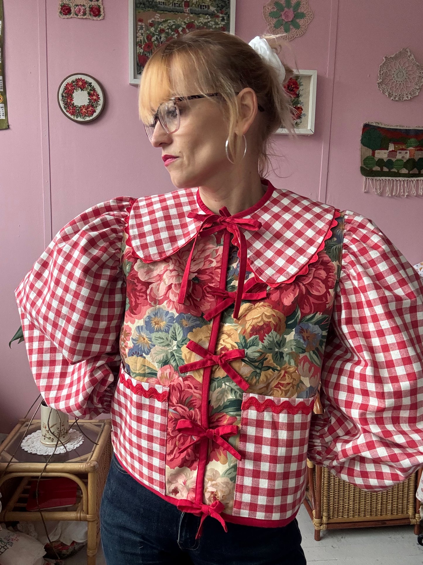 Floral and red gingham jacket
