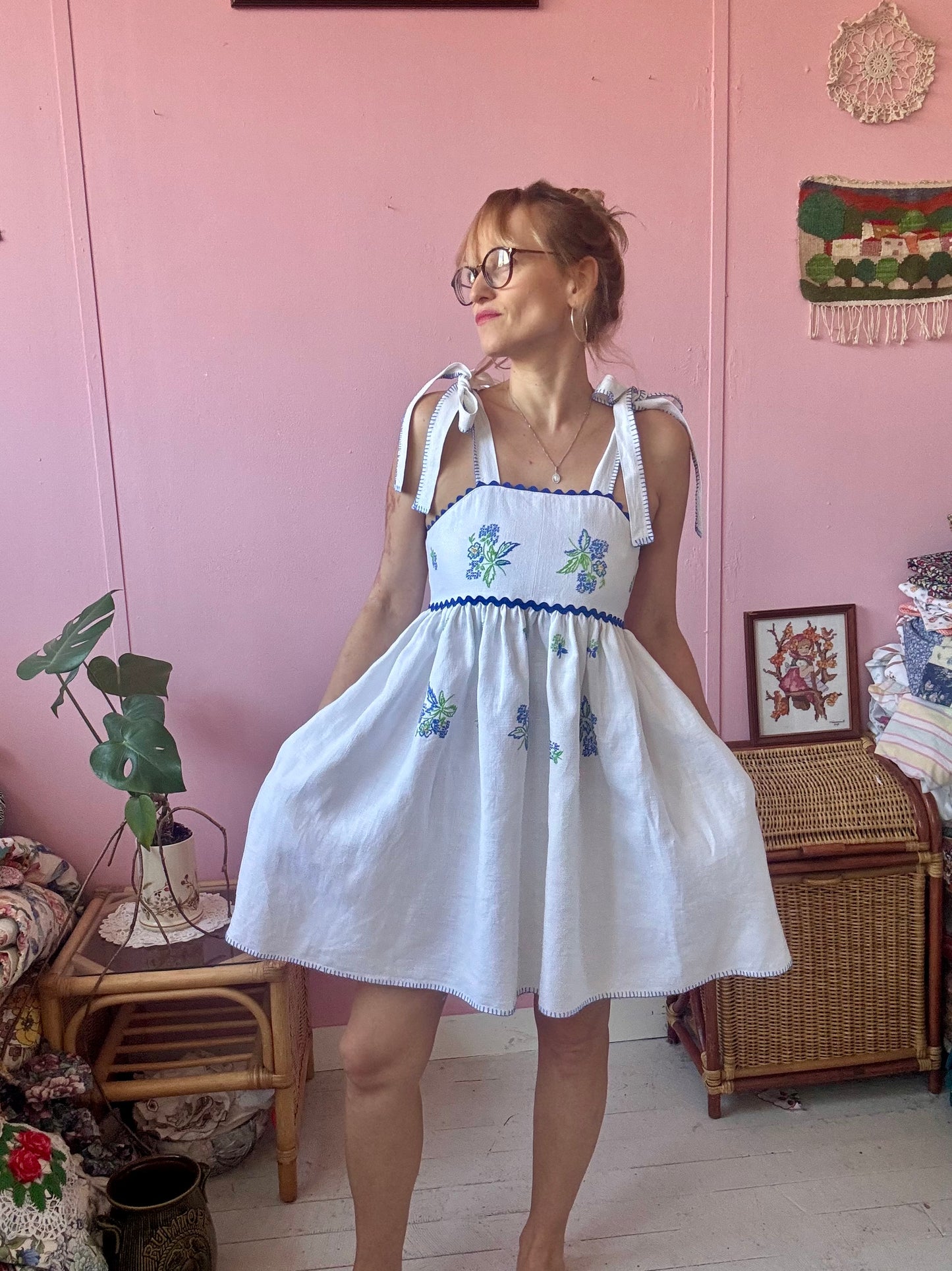 Linen  mini dress with blue floral embroidery