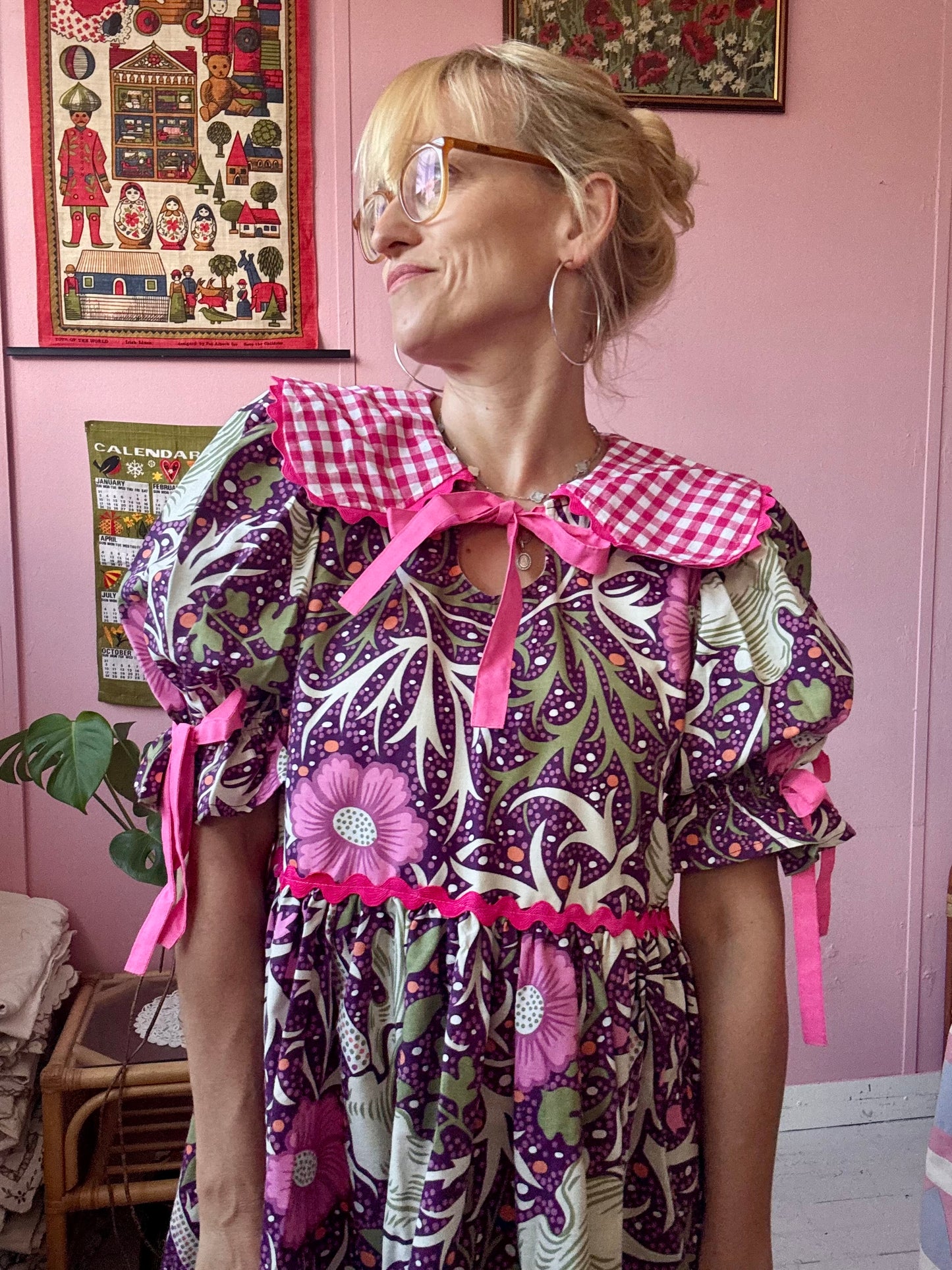 William Morris and cerise gingham dress