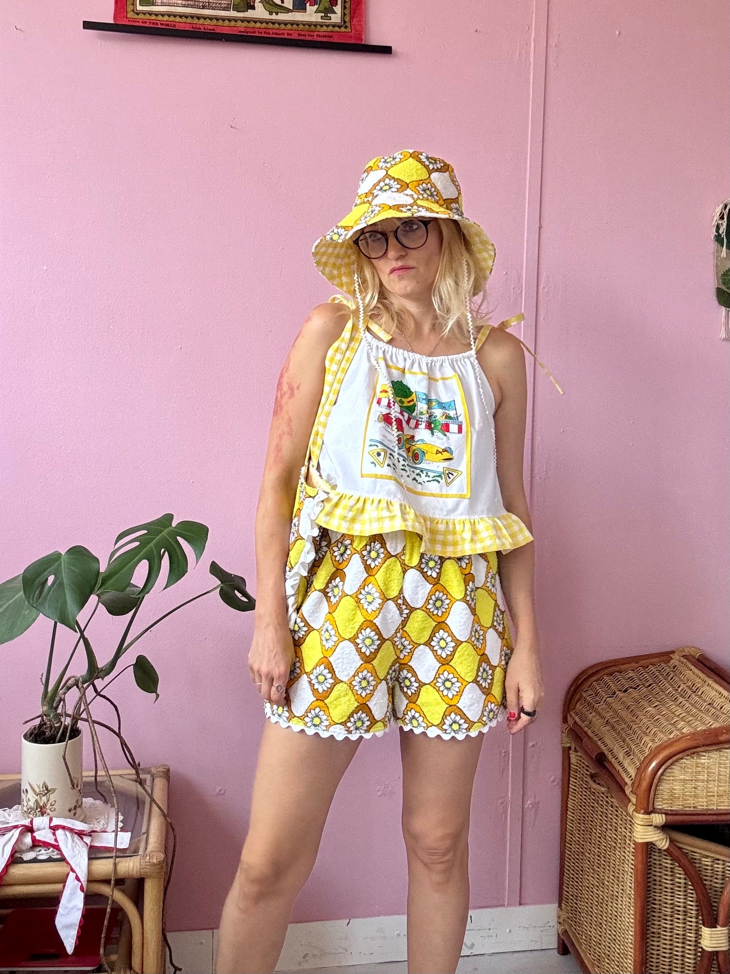 Yellow towel shorts set with bag and bucket hat