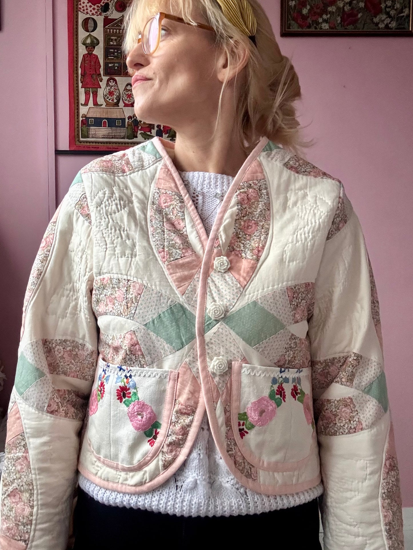 Patchwork jacket with floral pockets