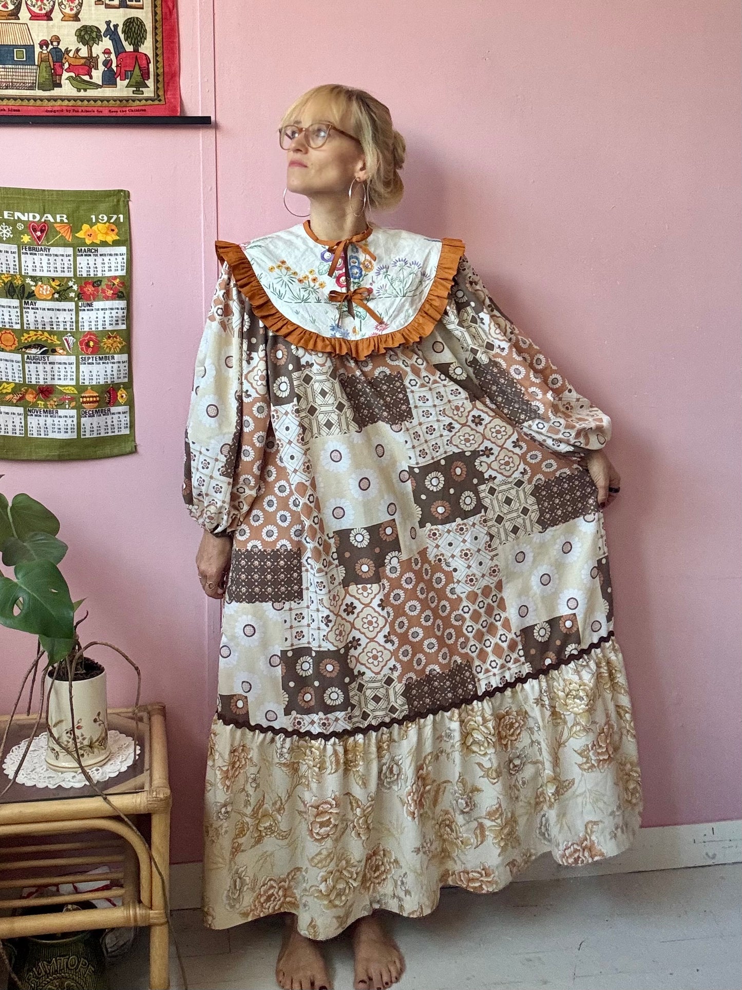 Brown maxi dress with embroidery yoke