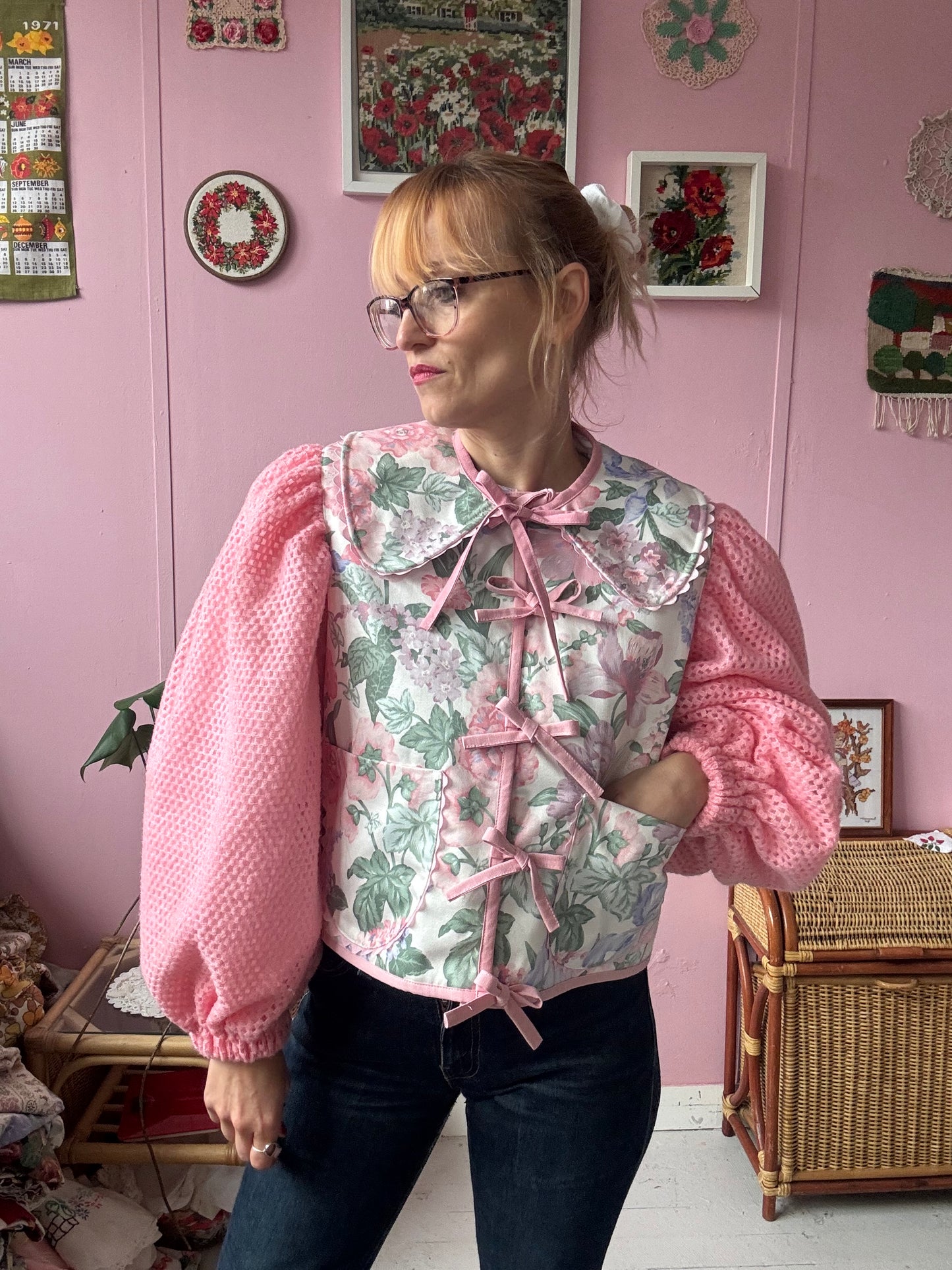 Floral jacket with pink sleeves