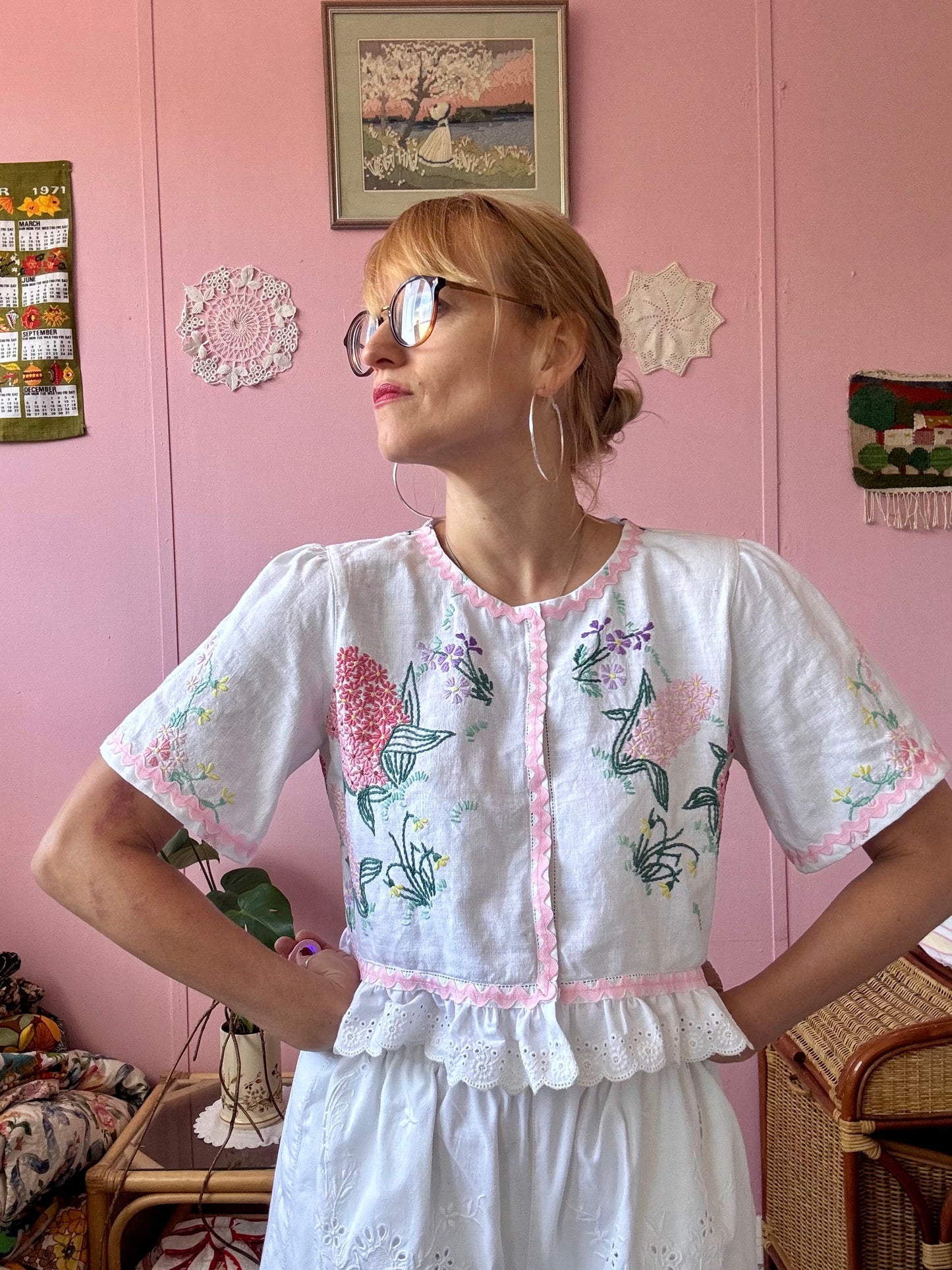 Floral blouse with pink ric rac