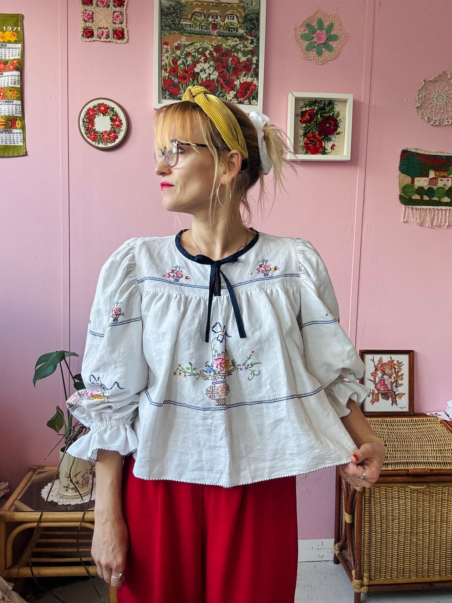 Linen blouse with cross stitching embroidery