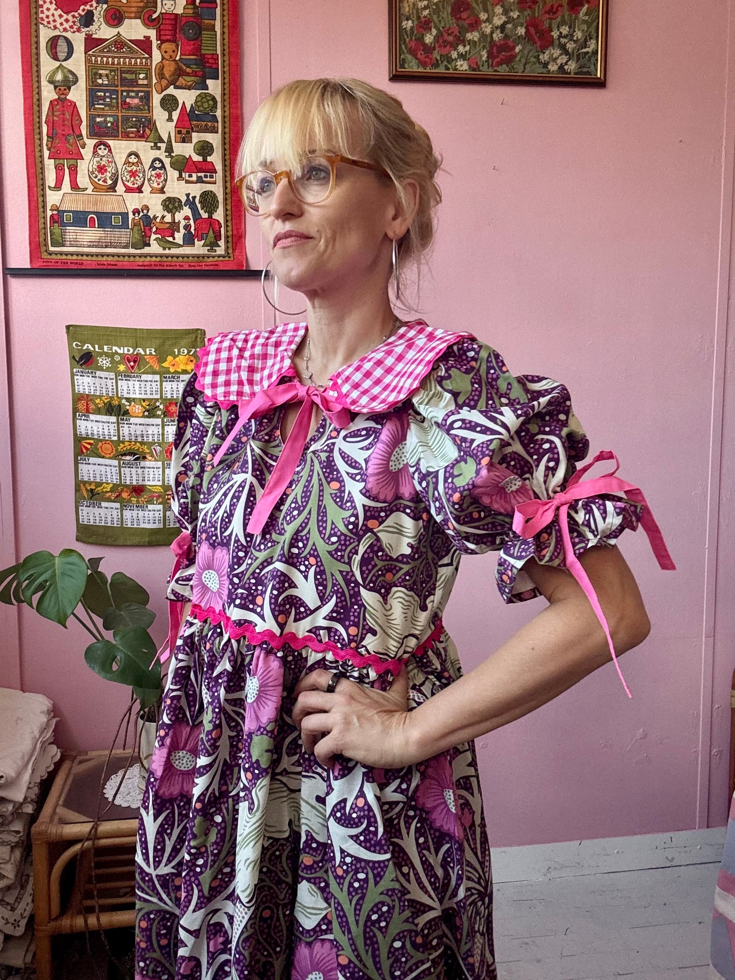 William Morris and cerise gingham dress