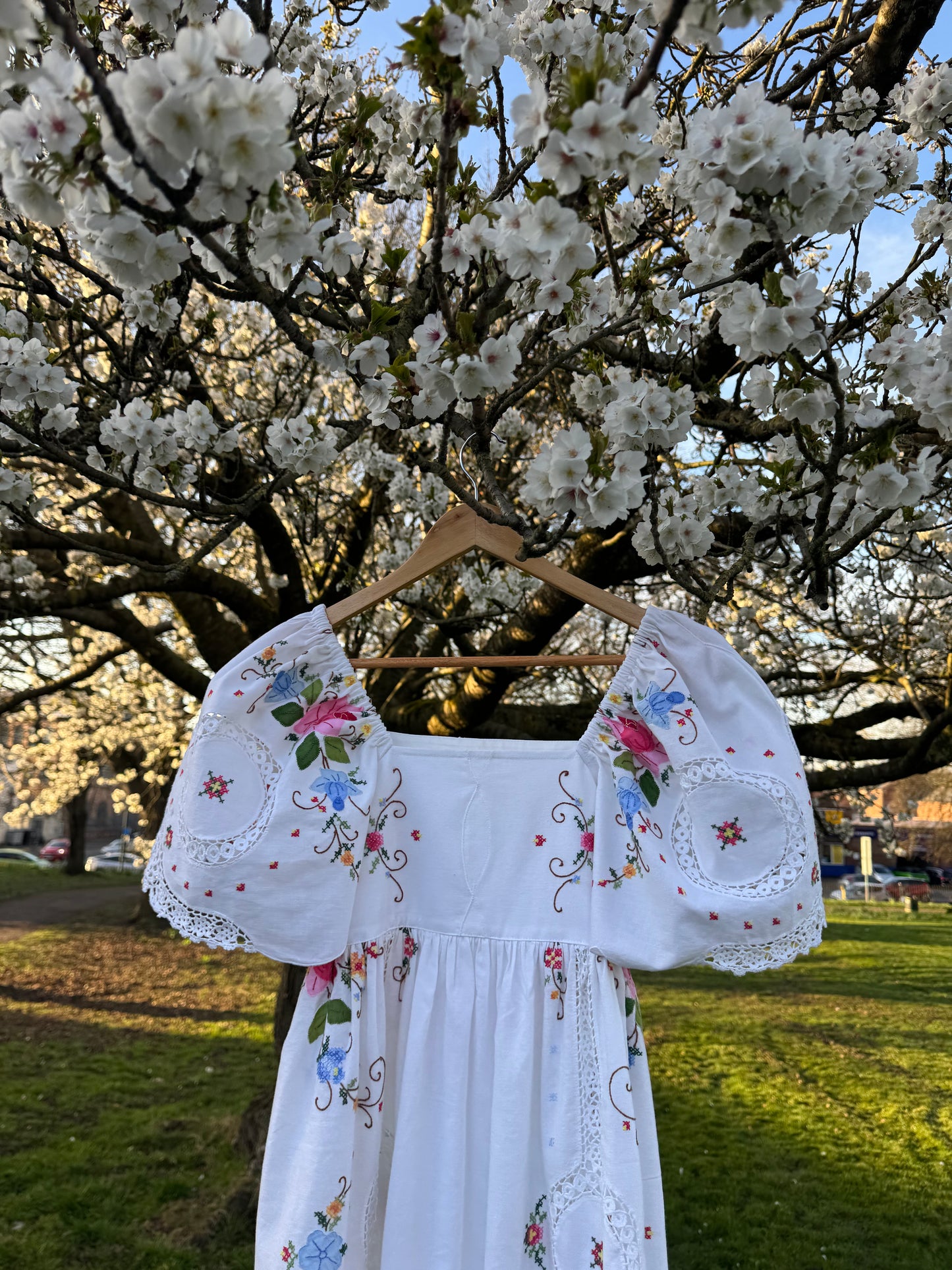 White maxi dress with appliqué,embroidery and lace panels