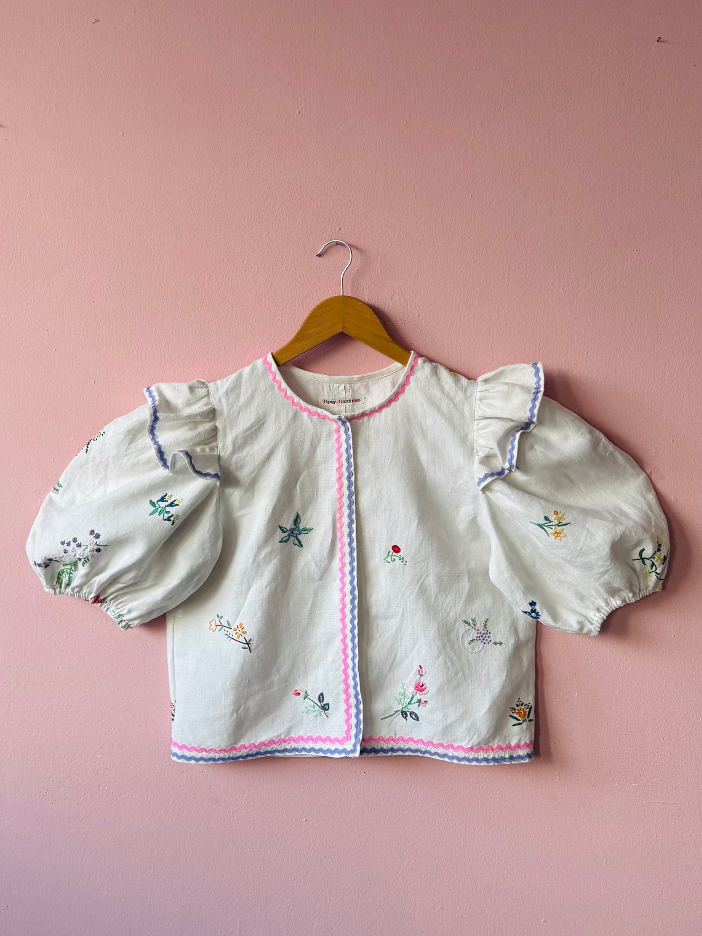 Linen blouse with pink and lilac ric rac