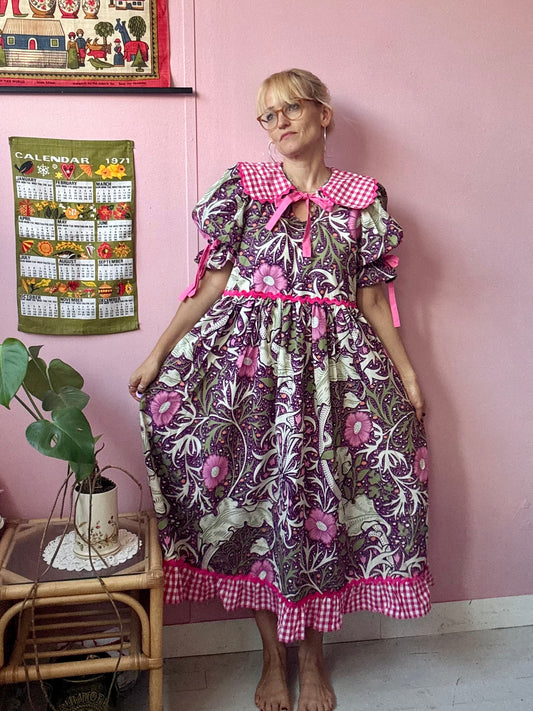 William Morris and cerise gingham dress