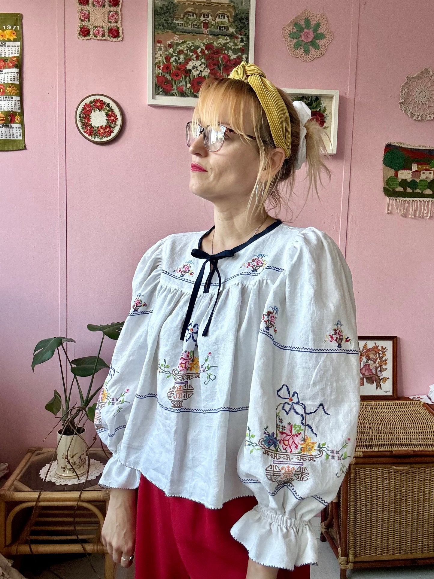 Linen blouse with cross stitching embroidery