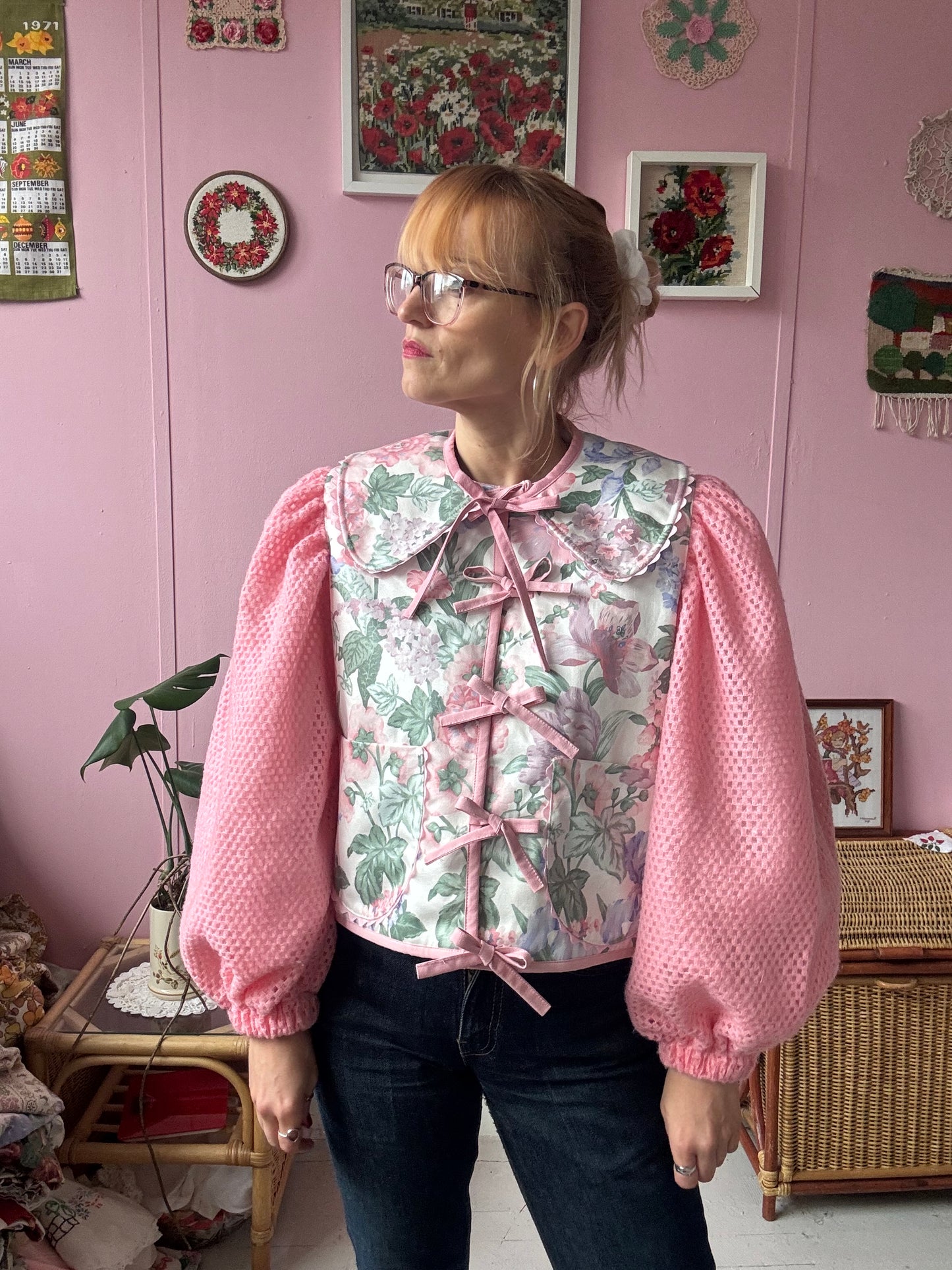 Floral jacket with pink sleeves