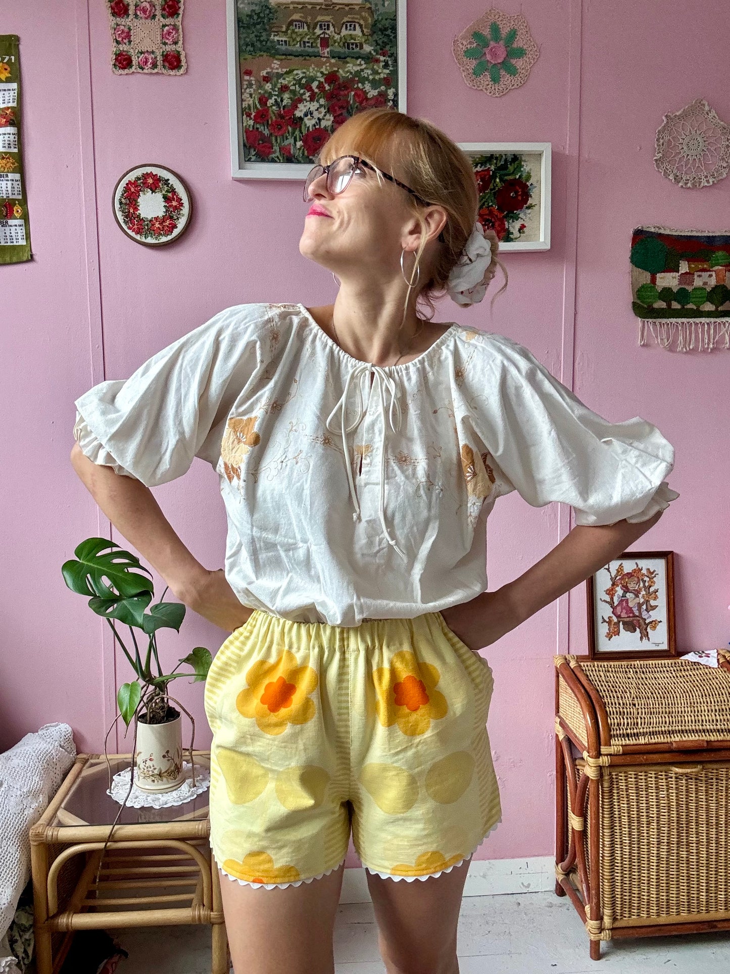 Yellow floral shorts with ric rac