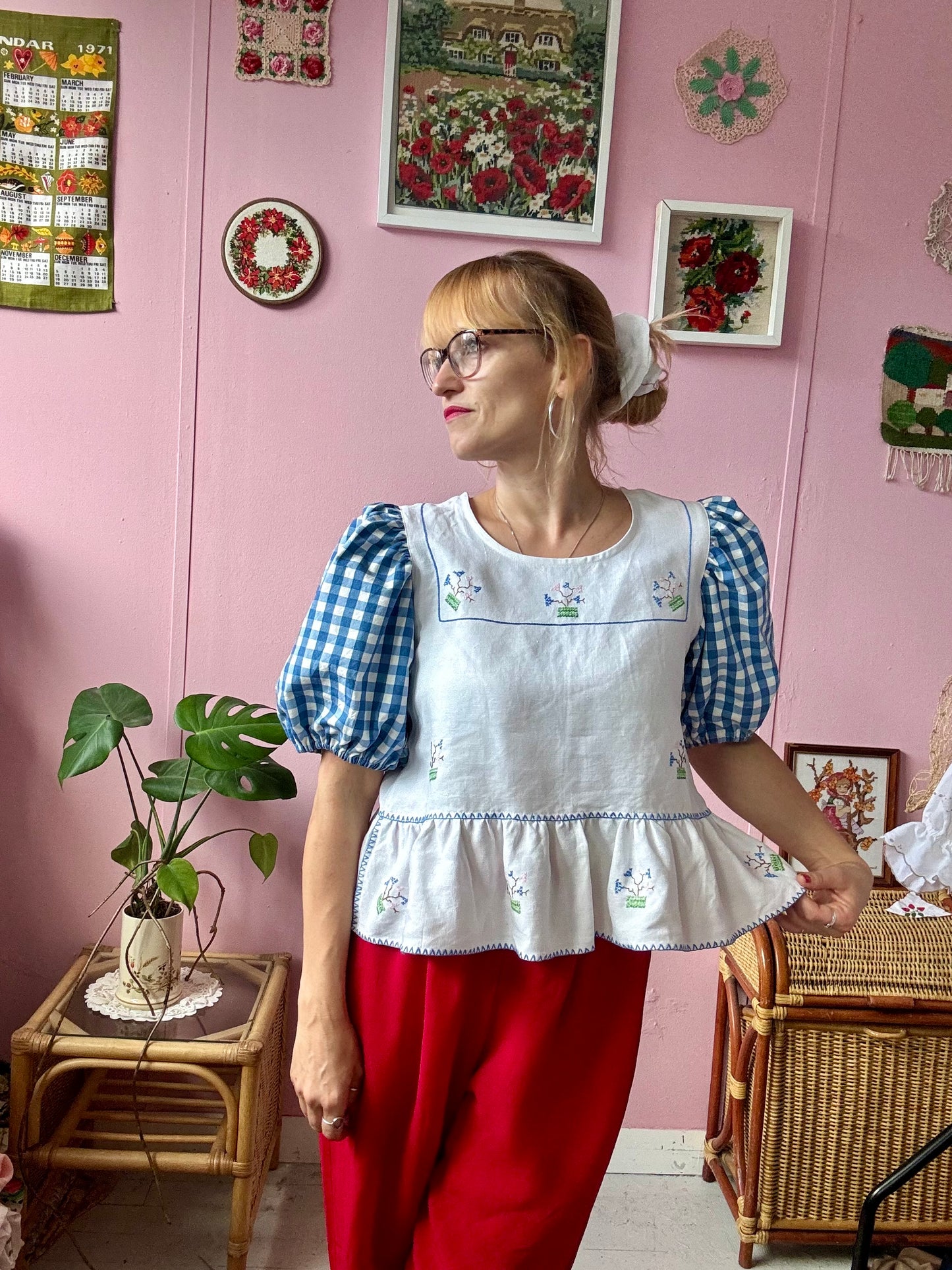 Peplum blouse with hand embroidery and gingham sleeves