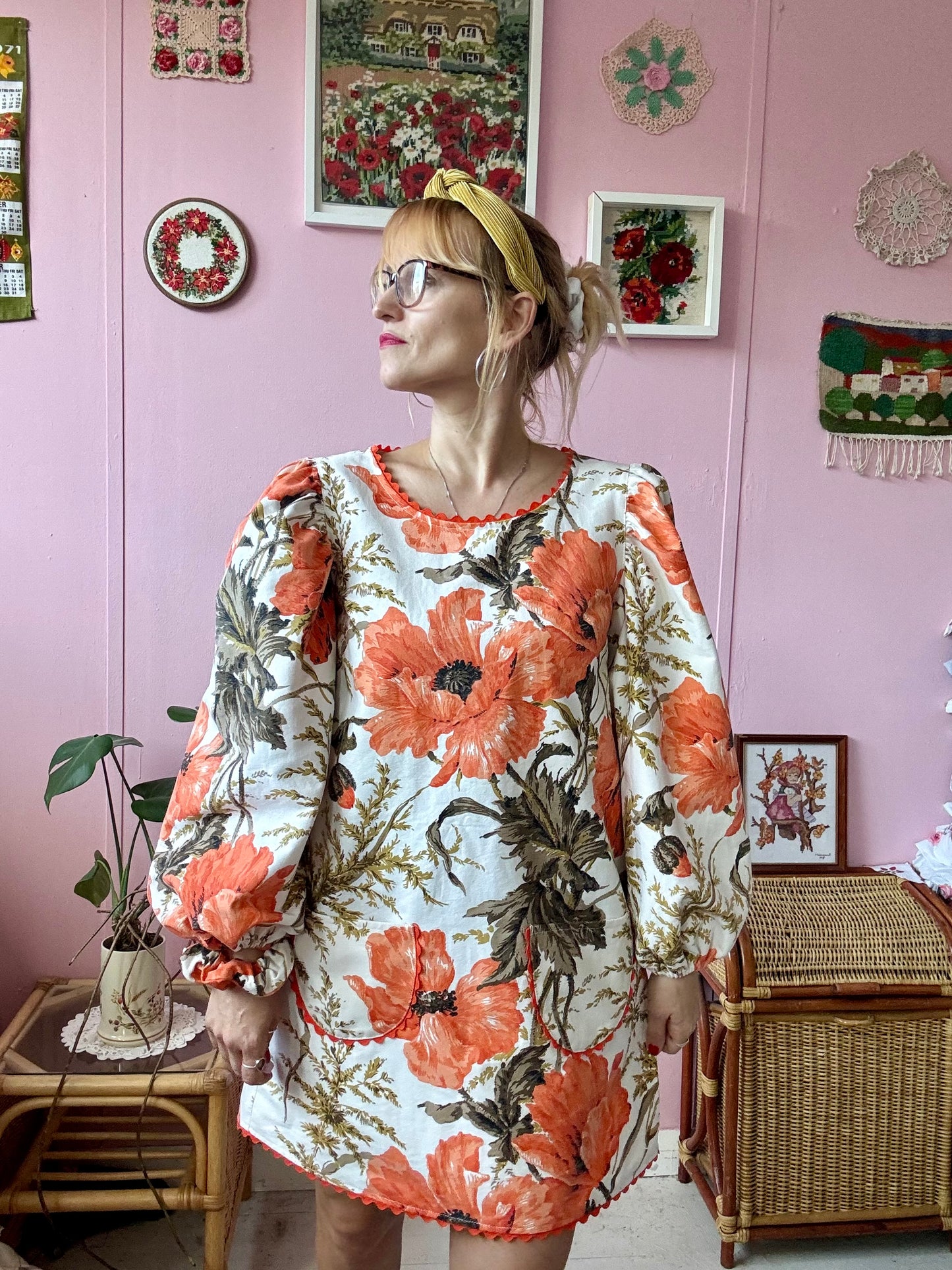 Orange poppies mini dress with long sleeves