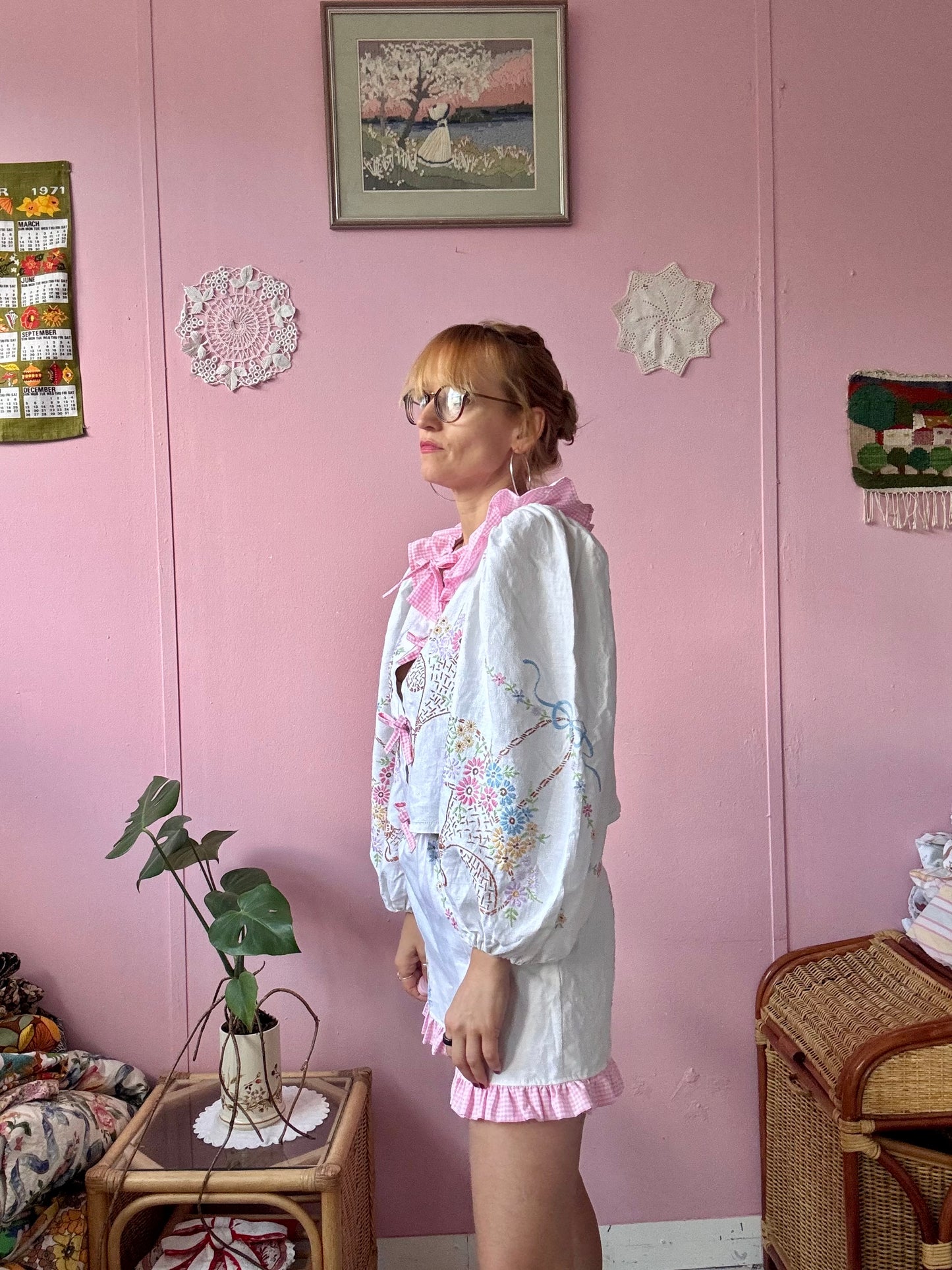 Embroidery and pink gingham shorts set
