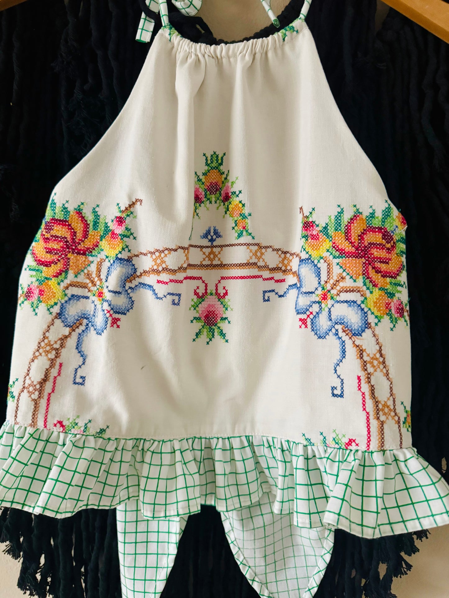 Cross stitch halter neck with green check back ties and frill
