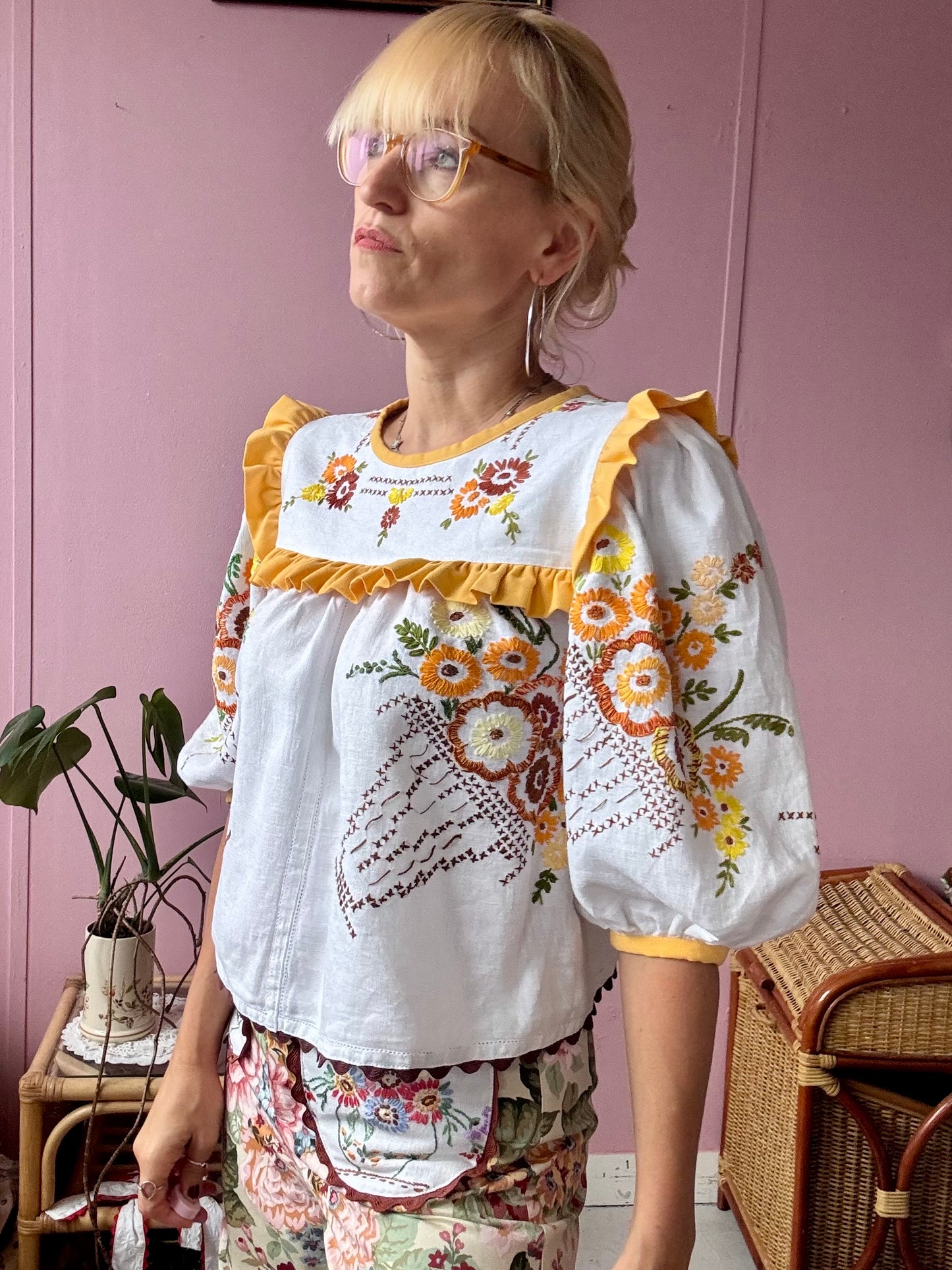 Blouse with hand embroidery and yellow frill