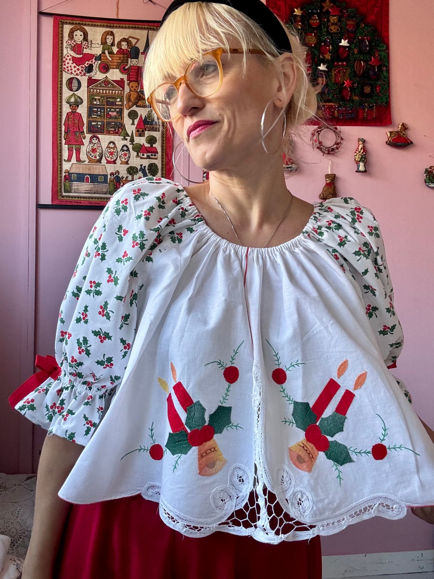 Christmas blouse with holly print sleeves and bows